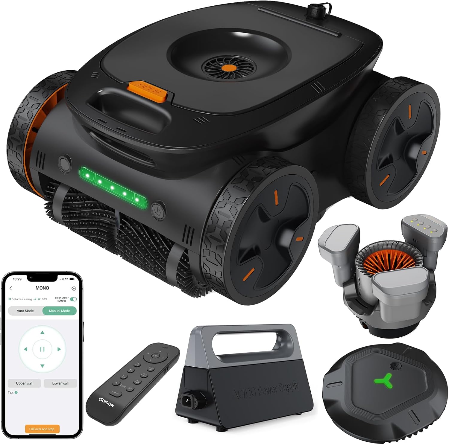 Mono Plus Intelligent Underwater Pool Cleaning Robot - Complete Full-Accessory Package, Surface Skimmer Buoy, WiFi Control, 9000mAh Battery, Comprehensive Pool Cleaning