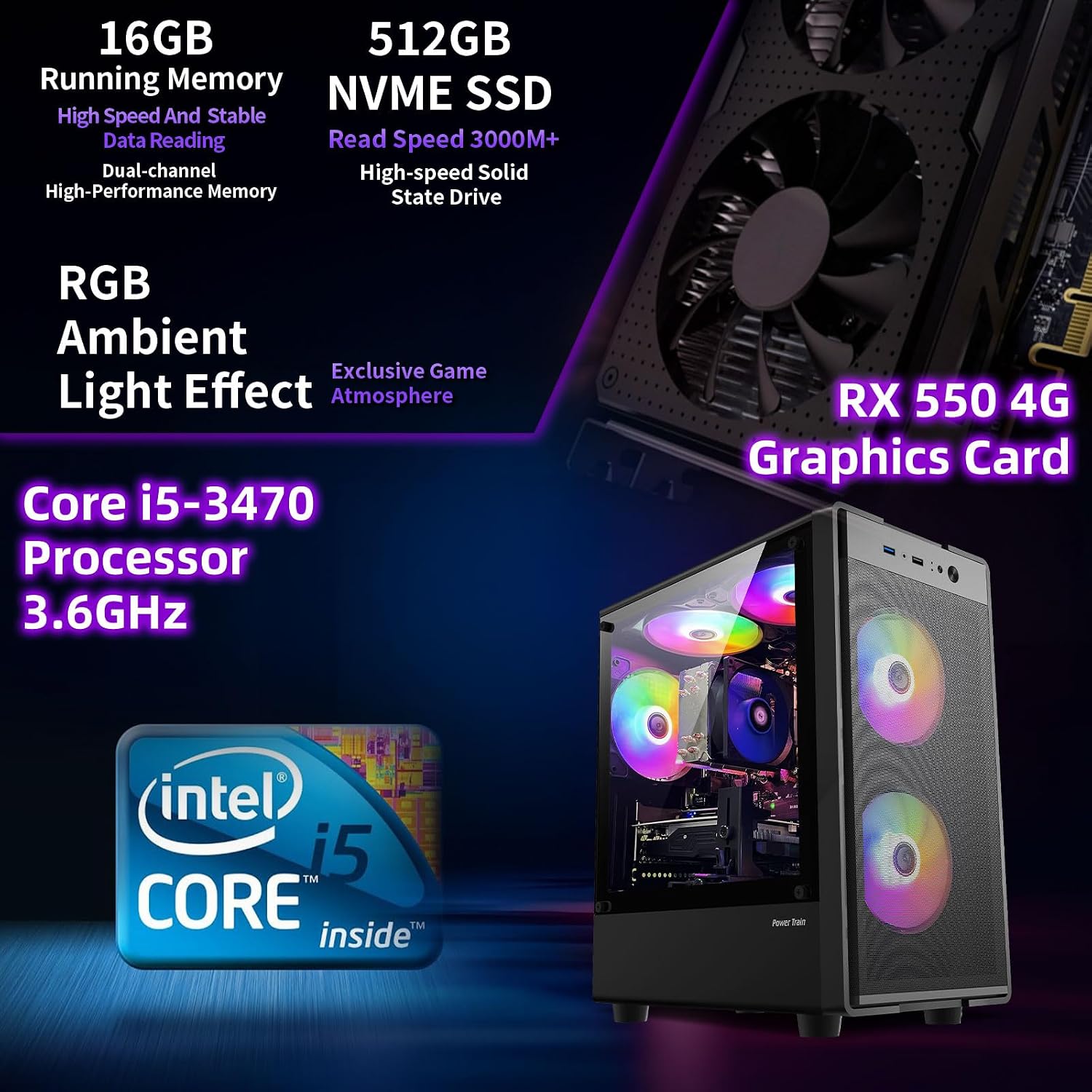 ZER-LON Gaming PC Desktop Computer, Intel Core I5 up to 3.6GHz, RX 550 4G GDDR5, 16G RAM, 512GB SSD, WiFi 5.0, Prebuilt Gaming PC Tower Computer with 5 RGB Fan