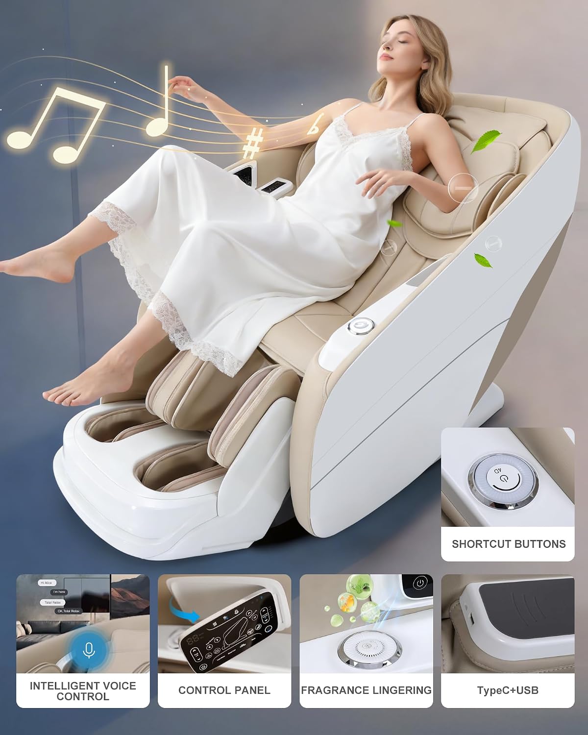 Massage Chair Full Body,4D Zero Gravity Massager Recliner with Touch Screen Controller, SL-Track Heating, Foot Massage, Auto Modes, Bluetooth Speaker, Beige