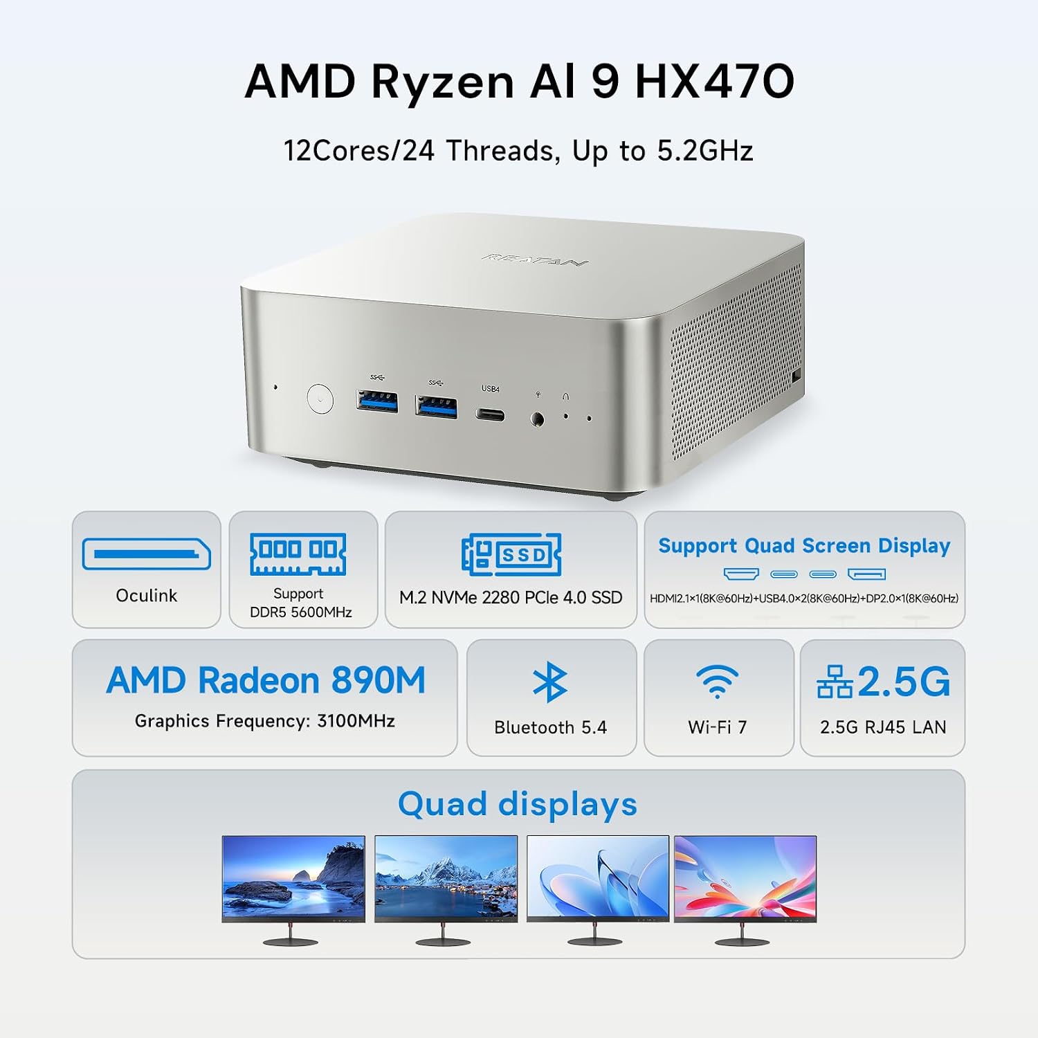 Reatan Upgraded Mini Desktop Gaming PC, OCuLink AMD AI 9 HX 470, Radeon TM 890M 5600MHz (up to 5.2GHz) 48GB DDR5 2TB M.2 2230 2.5Gbps LAN,HDMI 2.1, 8K USB 4.0 Wi-Fi 7/BT5.4 for AI, Gaming, Office