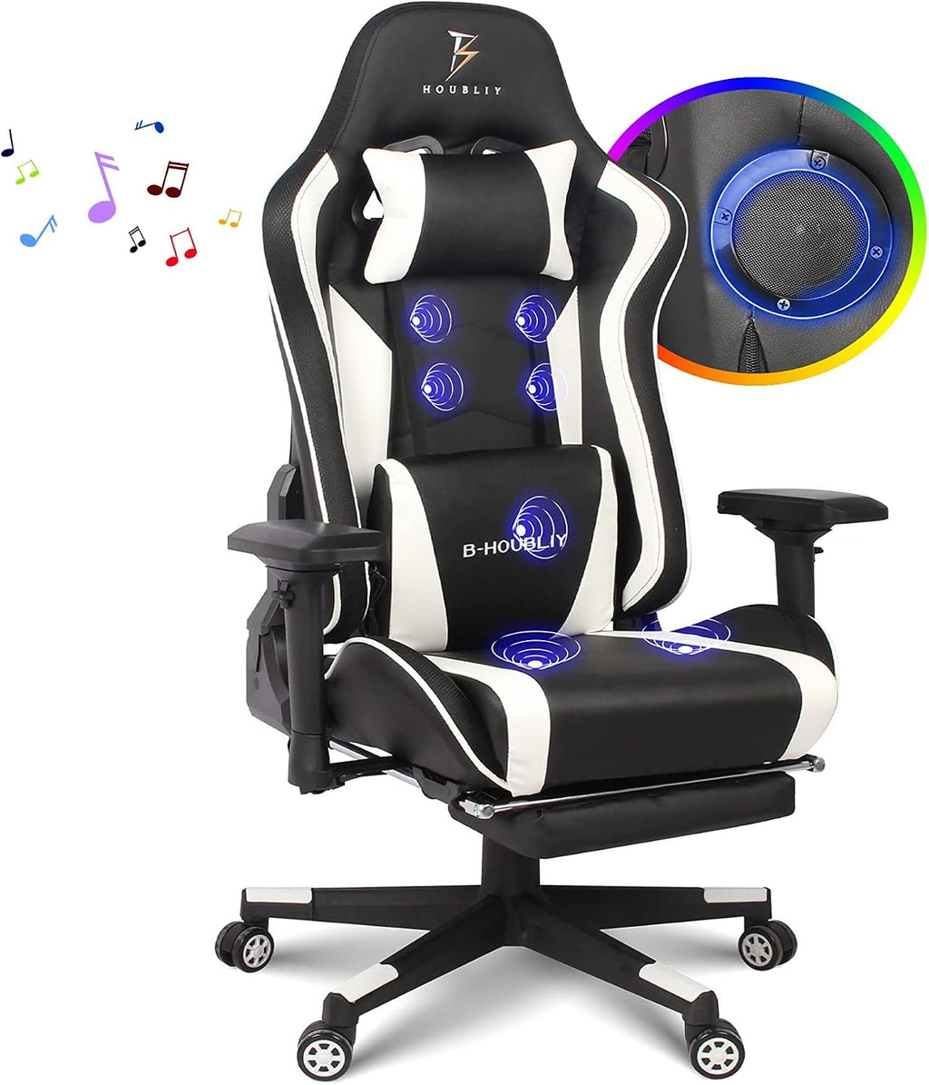 Gaming Chair with Footrest, Video Game Chair with Speakers - 7 Massage Points Ergonomic 4D Armrest Racing Gaming Chair with 90-180° Adjustable Backrest & Height Adjustable LED Lights Chair,3