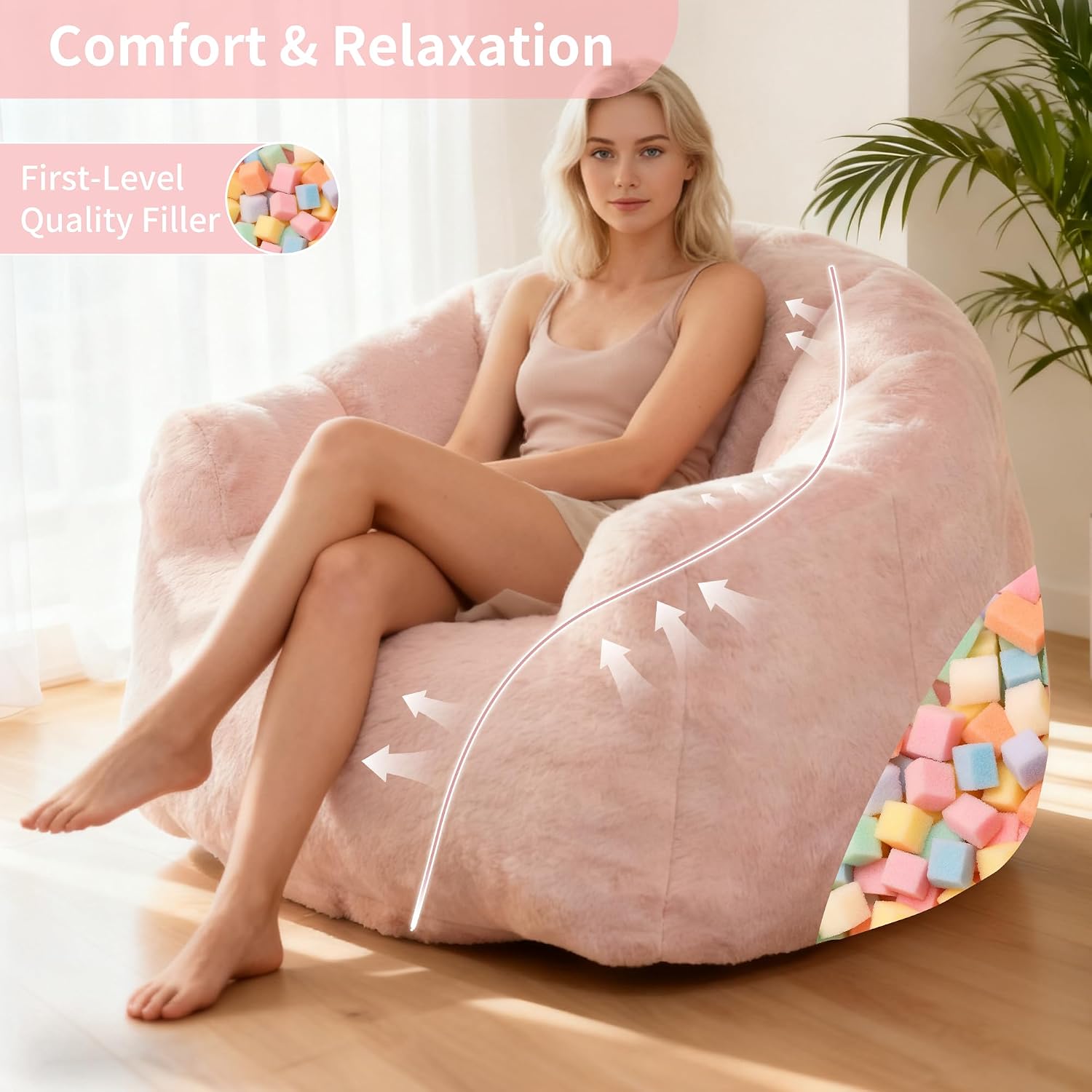 Bean Bag Chair, Giant Beanbag Chiar for Adults and Teens, Faux Fur Shell-Shaped Floor Sofa Couch with Filler, Comfy Chair for Living Room Reading, Gaming and Relax