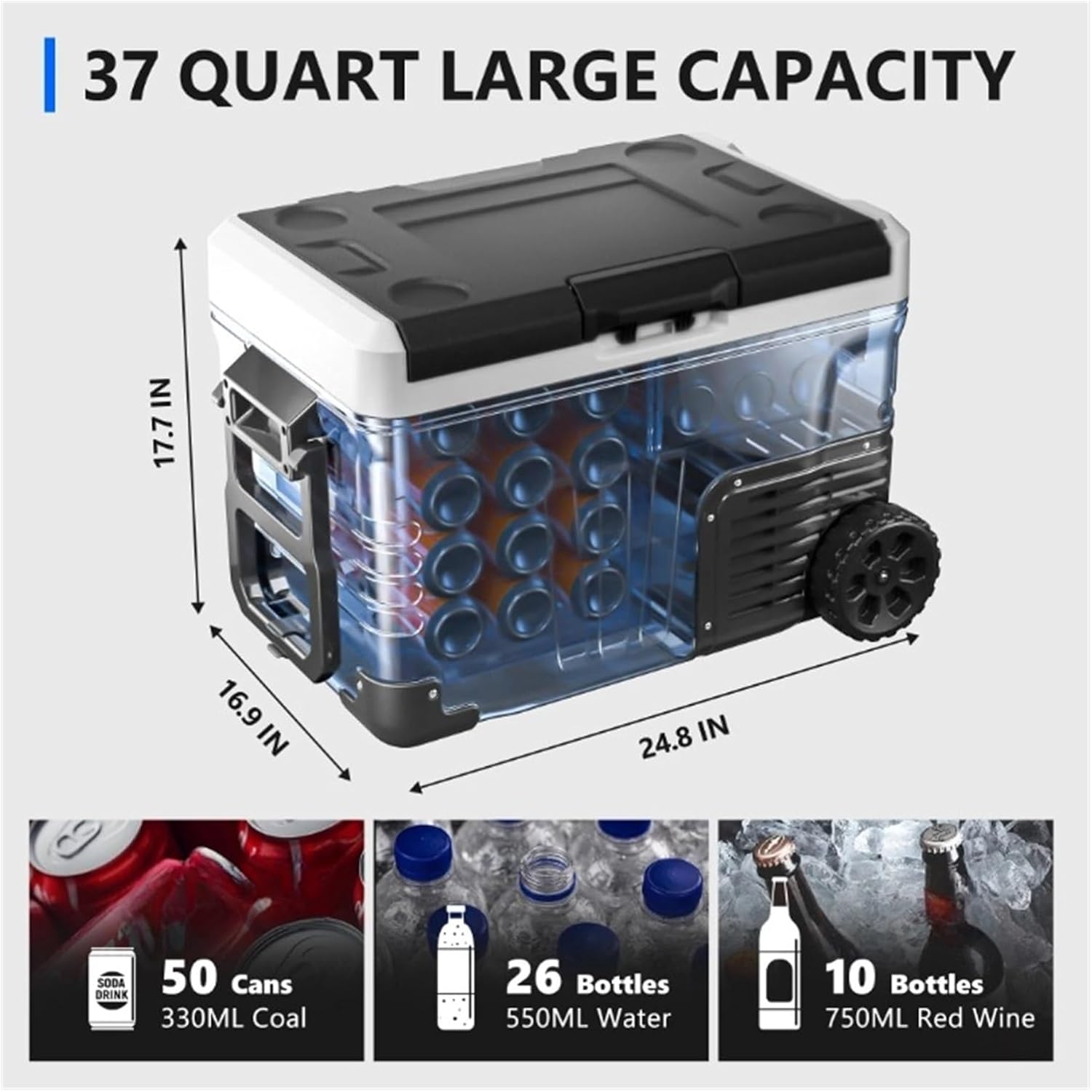 36QT(34L) Portable Refrigerator Freezer，Mini Fridge With 12V/24V DC 110-240V AC,Electric Cooler With Wheels & 2 Basket