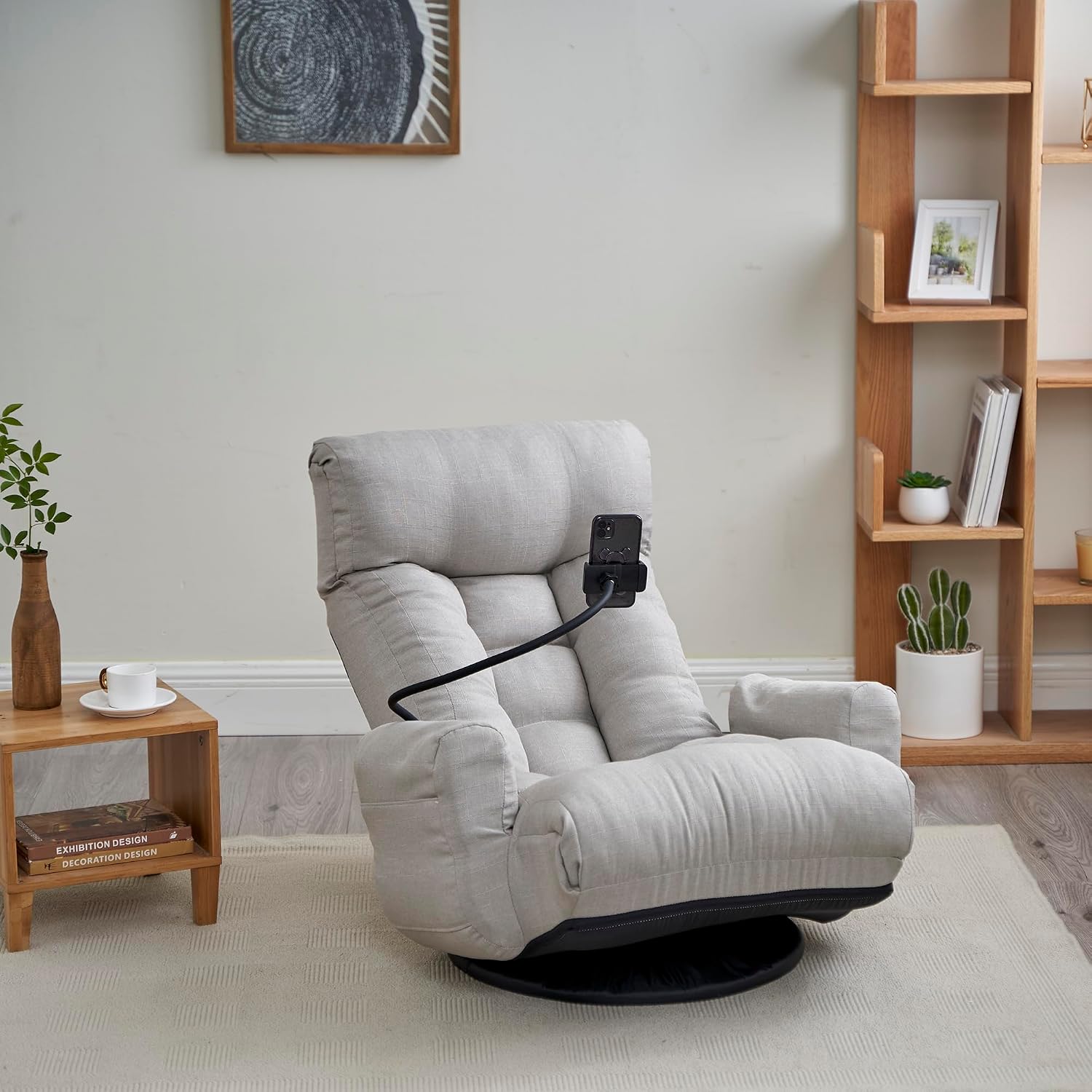 360° Swivel Floor Gaming Chair Linen Folding Chaise Lounge Chair Adjustable Cozy Sofa Chair with Armrests, Phone Holder & Padded Cushion, Ideal for Living Room, Bedroom (Grey)
