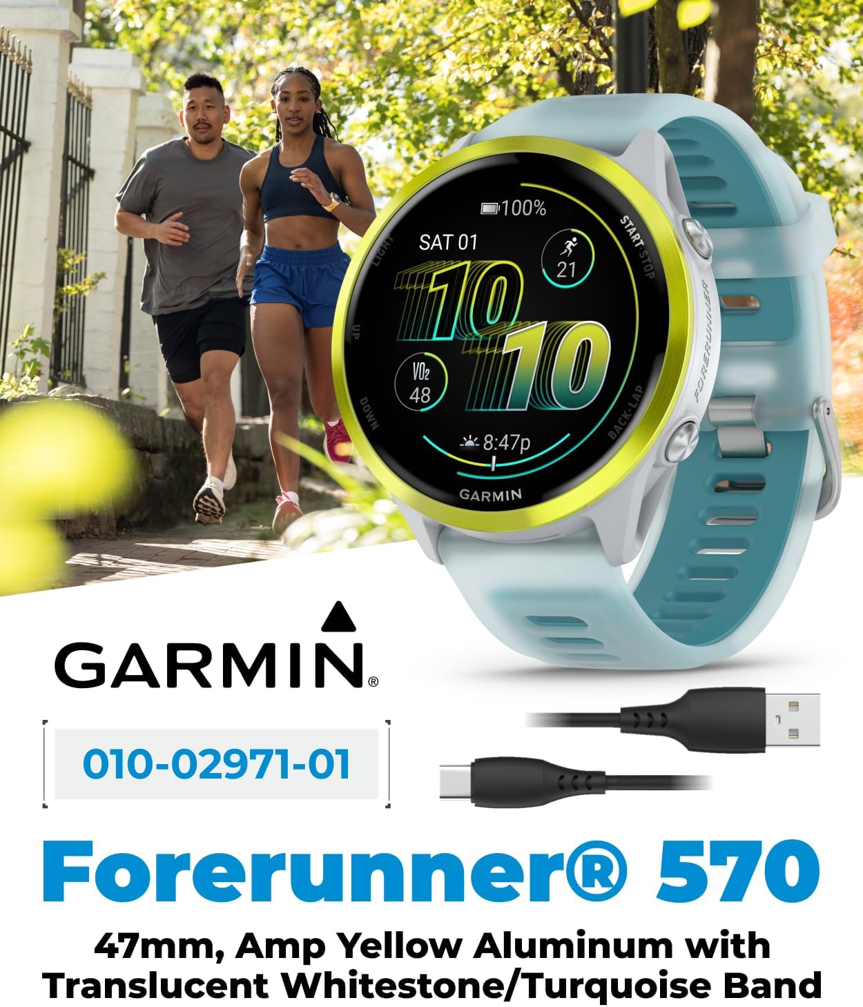Garmin Forerunner 570 47mm Advanced GPS Running & Triathlon Smartwatch AMOLED Display Training & Recovery Amp Yellow Aluminum w/Translucent Whitestone/Turquoise Band w/ Wearable4U White EarBuds Bundle