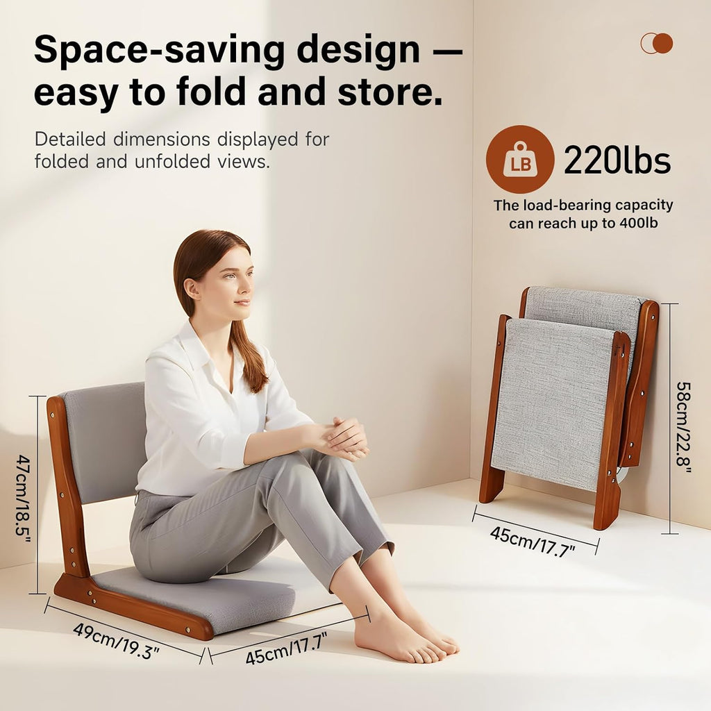 Tiita Floor Chair with Back Support, Foldable Meditation Tatami Chairs, Backrest Chair with Cushion, Living Room Chair Seat 4 Pack, Walnut Grey