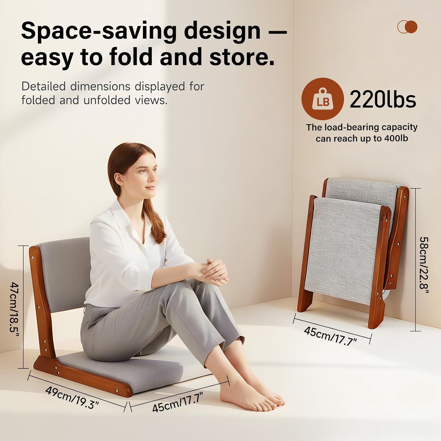 Tiita Floor Chair with Back Support, Foldable Meditation Tatami Chairs, Backrest Chair with Cushion, Living Room Chair Seat 4 Pack, Walnut Grey