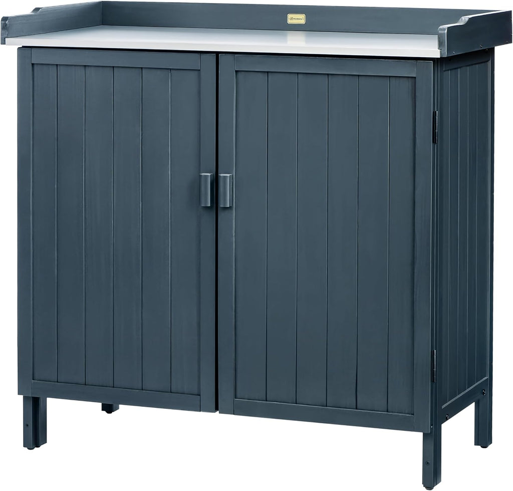 HABAU Outdoor Storage Cabinet with Potting Bench & Metal Tabletop, Wooden Planting Workstation for Garden Patio, Weatherproof