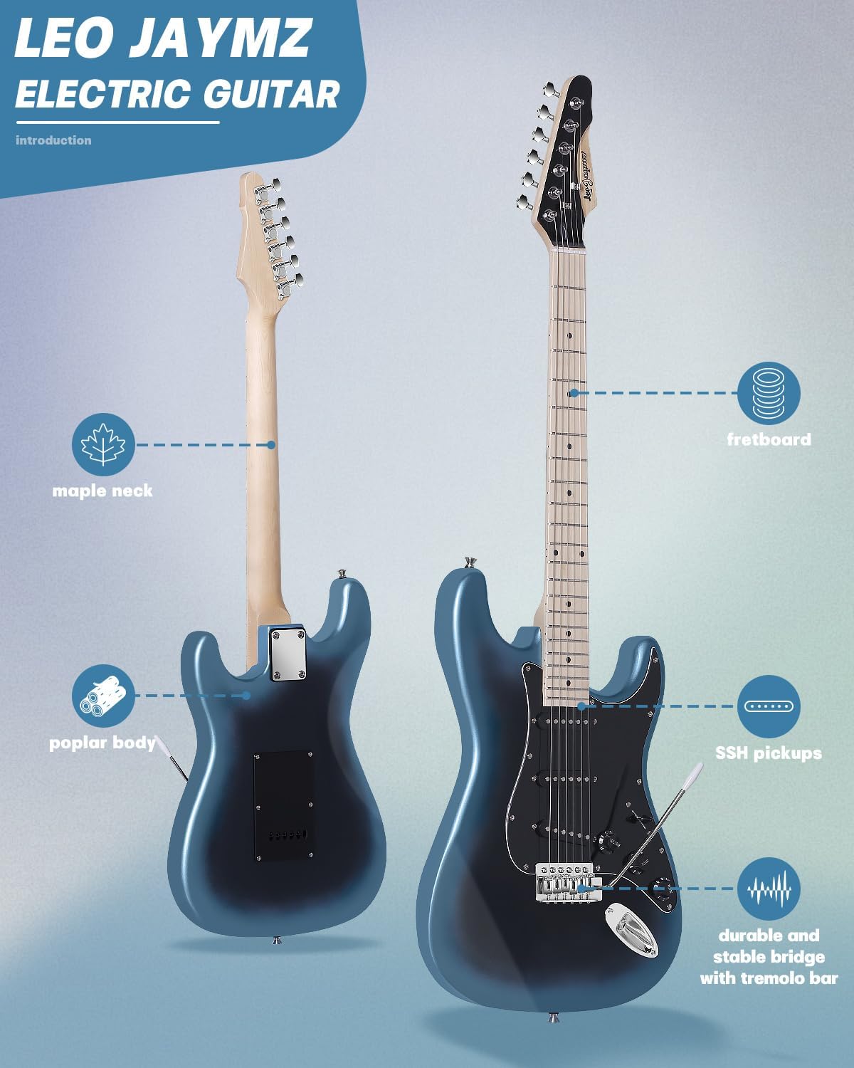 Leo Jaymz 39' Full Size ST Style Electric Guitar Starter Kit with SSS Pickups, 5W Portable Amp, Tuner, Gig Bag, Strap & Accessories(Blue Black 5W)