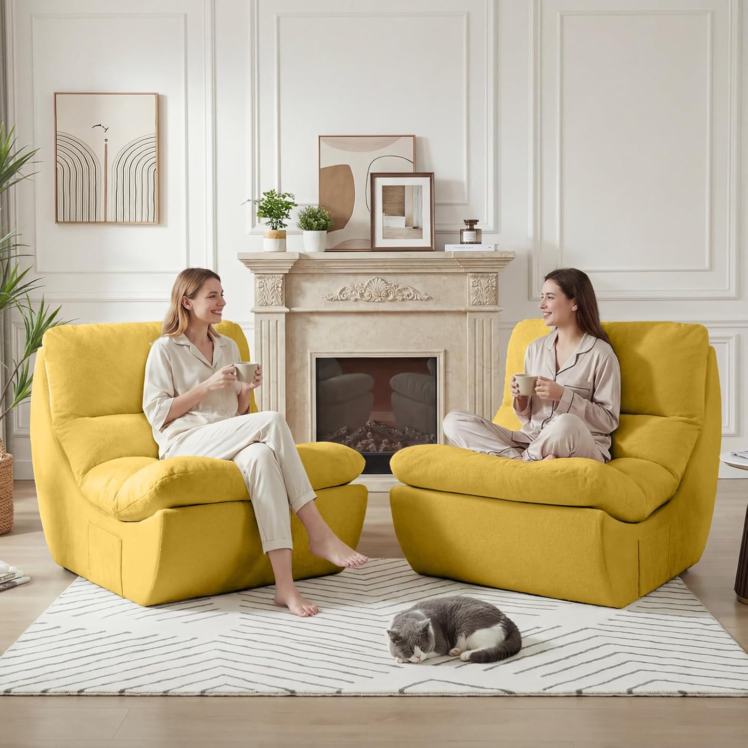 Set of 2 Bean Bag Chairs, Boneless Lounge Chair, Togo Chair Sofa, Anti Cat Scratch Fabric with Machine Washable, Beanbag Chair for Bedroom, Floor Couch Living Room, Bedroom, Reading Corner (YELLOW)