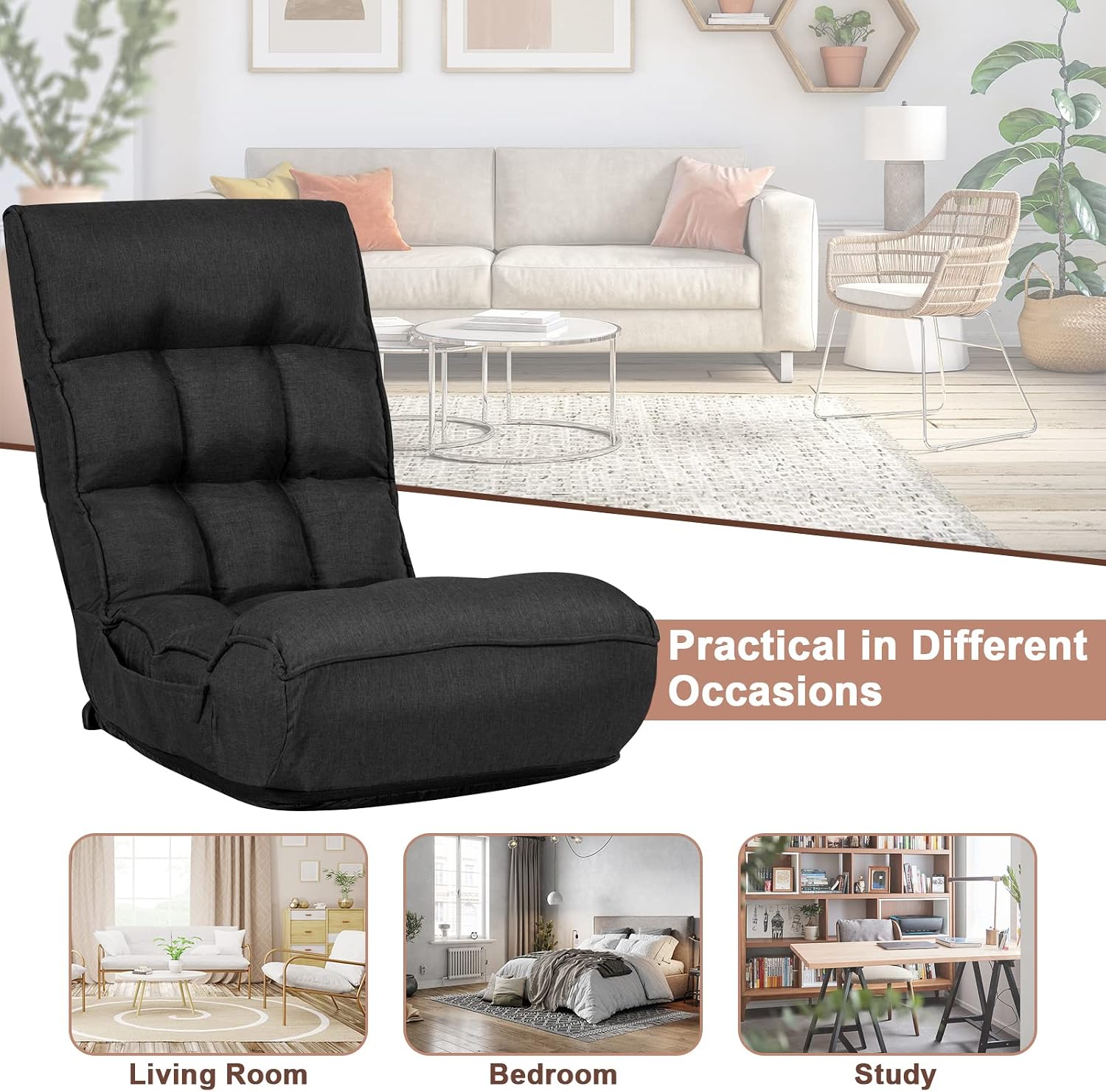 S AFSTAR Folding Floor Chair, Floor Gaming Chair with 5-Position Adjustable Headrest & 4-Position Backrest, Side Pocket & Thicken Cushion, Padded Floor Seat Lazy Chair for Living Room Bedroom