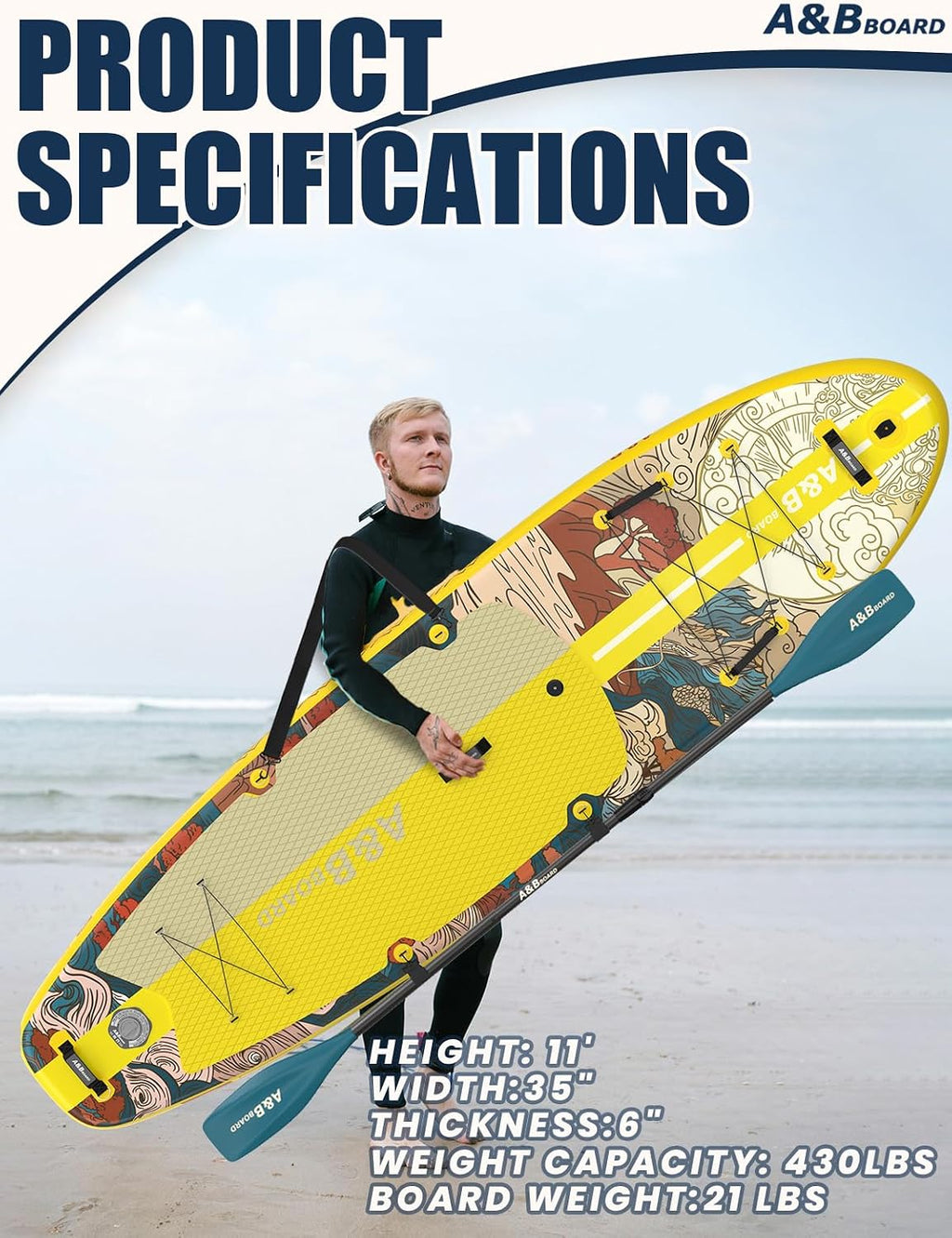 ABBOARD Inflatable Stand Up Paddle Board - Extra Wide Fishing Paddleboard with Sup Accessories Youth/Adults