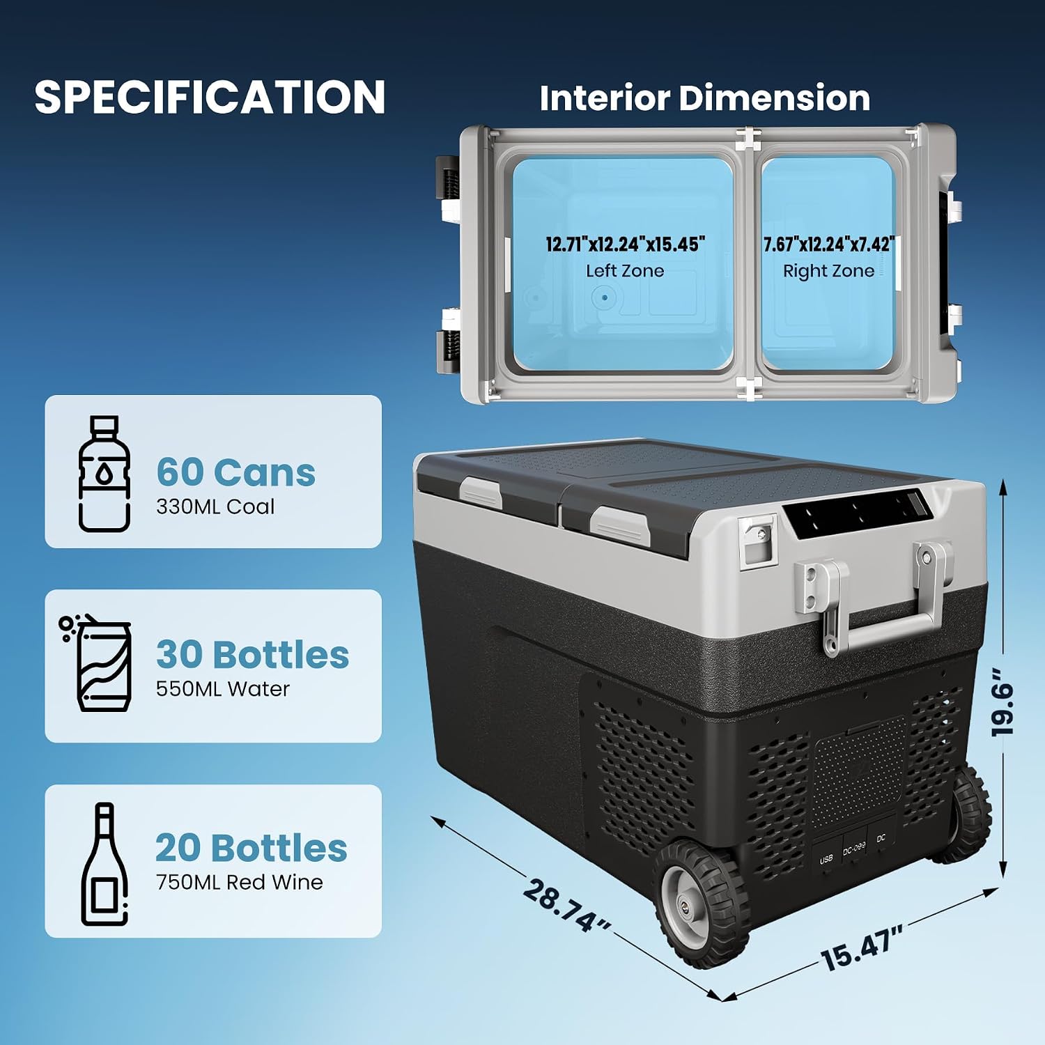 GarveeTech 51 QT Car Refrigerator, 12V Portable Electric Freezer, Dual Zone -4℉-68°F, App Control, Movable Wheels, for Camping, Picnic, Travel, Road Trip, Home, 12/24V DC & 110/240V AC