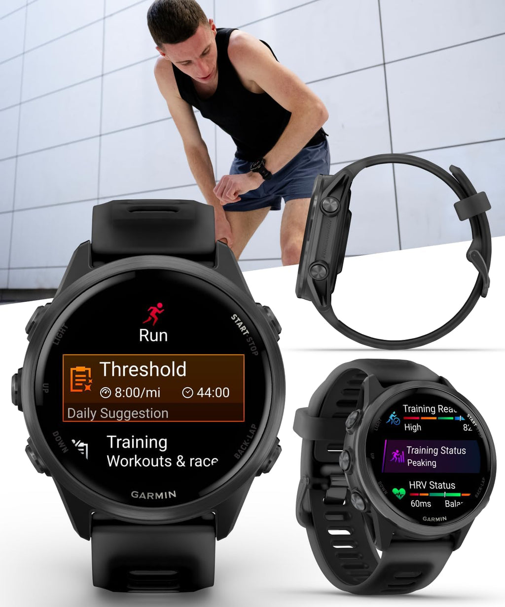 Garmin Forerunner 570 42mm Advanced GPS Running & Triathlon Smartwatch, AMOLED Display, Slate Gray Aluminum, Translucent Black & Black Band w/ Wearable4U BLK Earbuds Bundle
