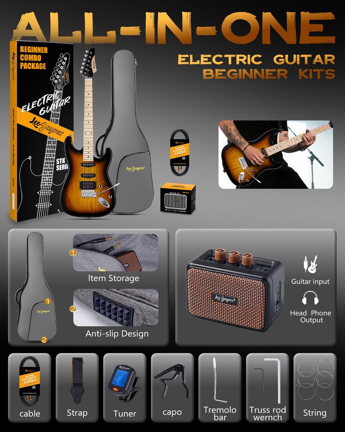 Leo Jaymz 39 Inch Full Size Electric Guitar Kit Electric Guitar Beginner Kits - Portable Amp, Digital Tuner, Gig Bag, Strap, Cable (Sunburst)