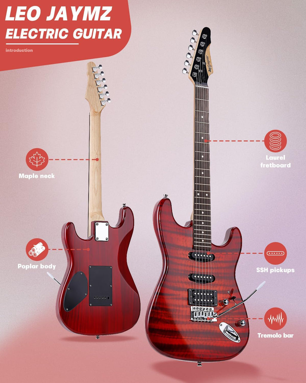 Leo Jaymz 39' Full Size ST Style Electric Guitar Starter Kit with SSH Pickup, 5W Portable Amp, Tuner, Gig Bag, Strap & Accessories (Red Flame)