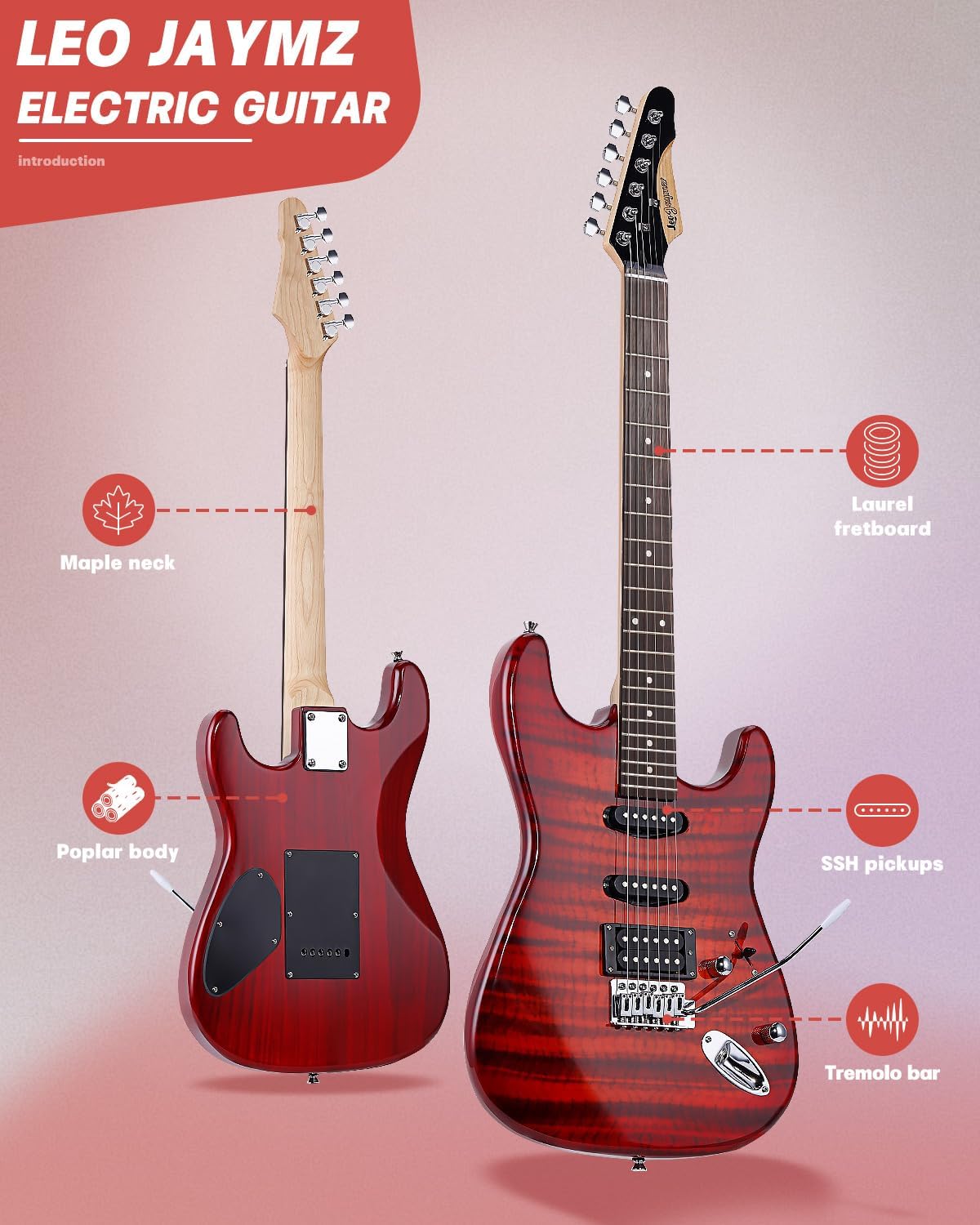 Leo Jaymz 39' Full Size ST Style Electric Guitar Starter Kit with SSH Pickup, 5W Portable Amp, Tuner, Gig Bag, Strap & Accessories (Red Flame)
