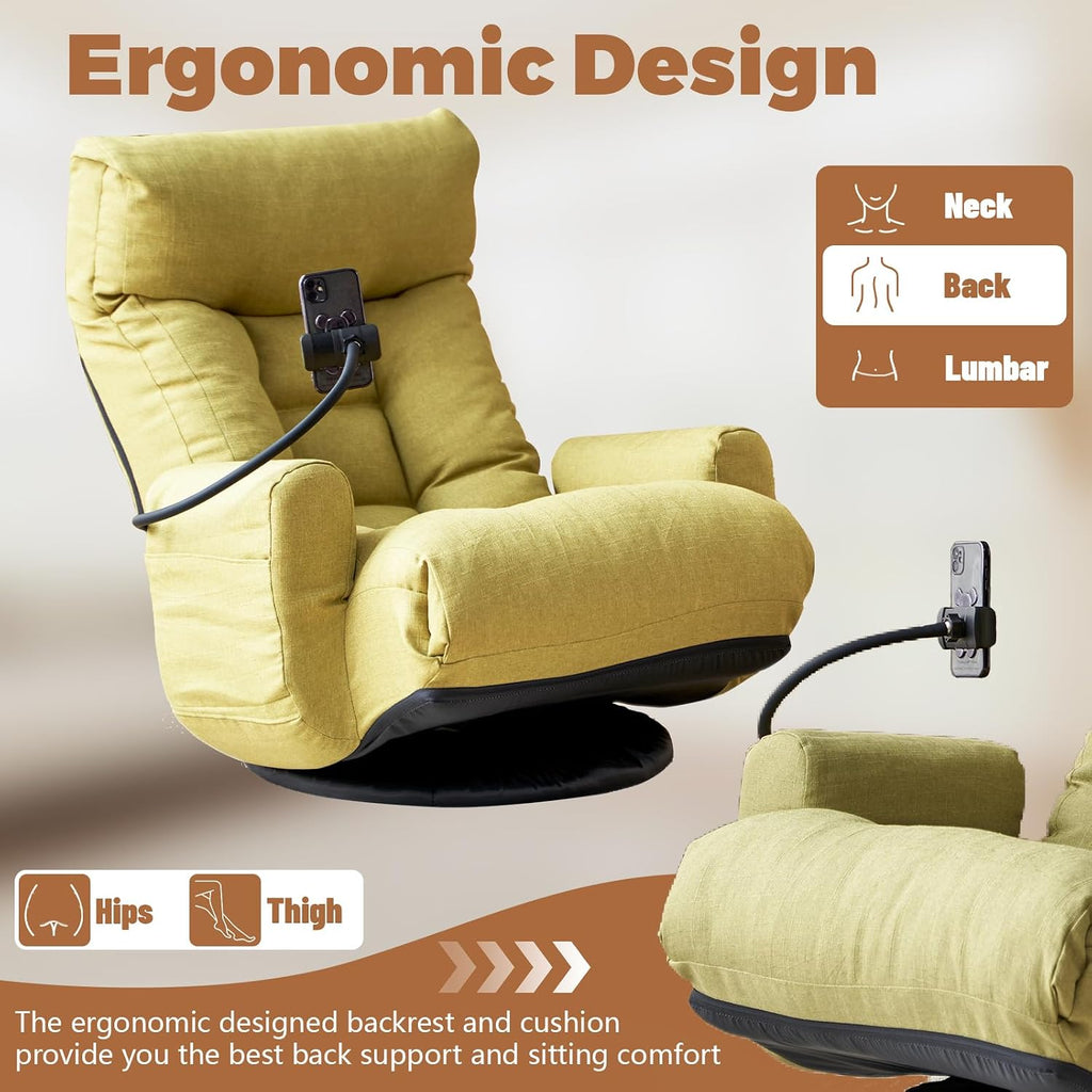 360° Swivel Floor Green Gaming Chair Linen Folding Lounge Sofa Chair with Adjustable Head and Waist, Armrests & Phone Holder, Padded Cushion Leisure Chairs for Living Room Bedroom