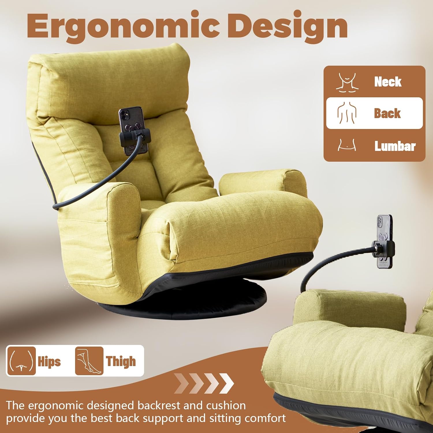 360° Swivel Floor Green Gaming Chair Linen Folding Lounge Sofa Chair with Adjustable Head and Waist, Armrests & Phone Holder, Padded Cushion Leisure Chairs for Living Room Bedroom