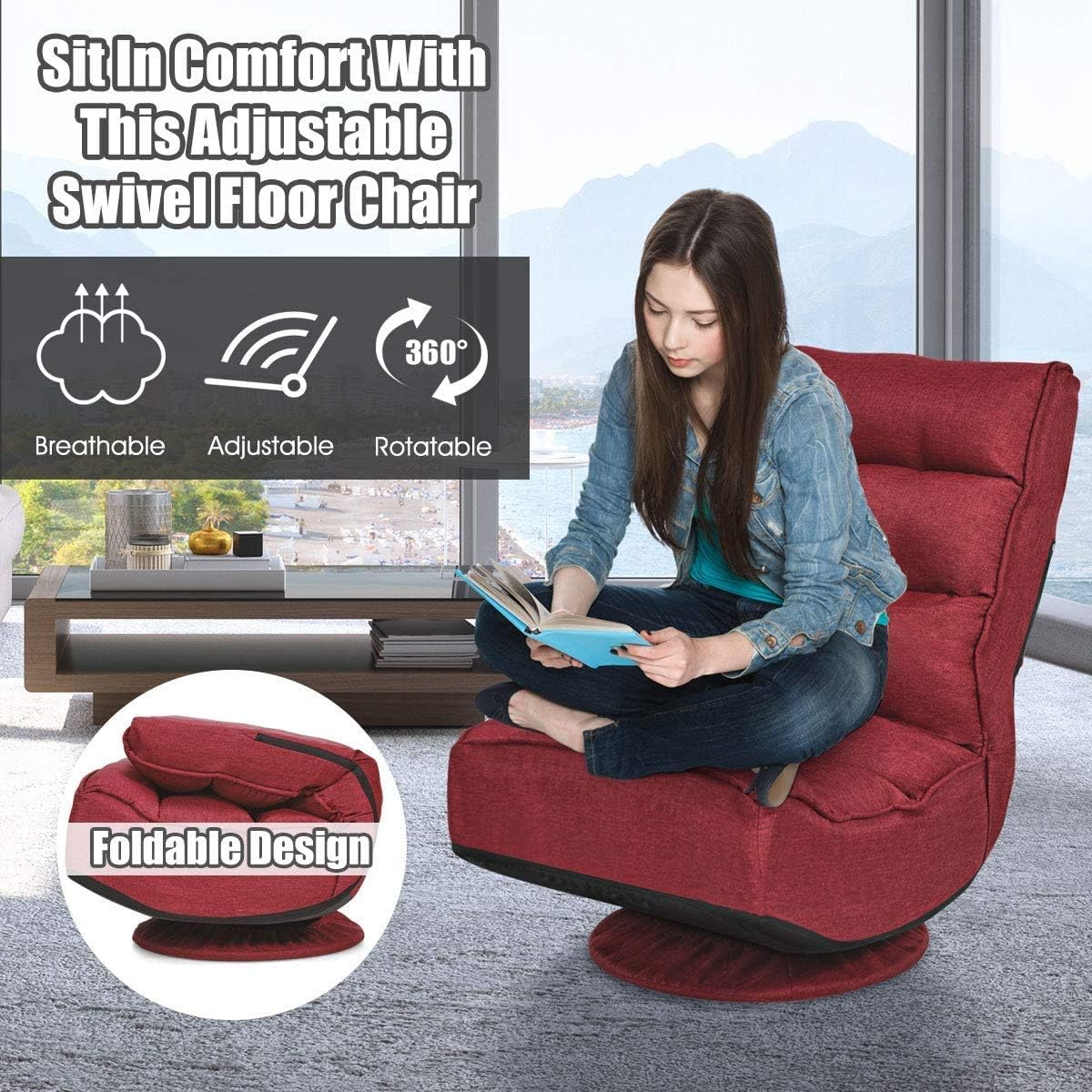 FANTASK 360 Degree Swivel Floor Chair, Folding Floor Sofa w/ 5 Adjustable Positions & Backrest, Lazy Lounge Chair for Relaxing Reading Gaming TV Watching (Burgundy)