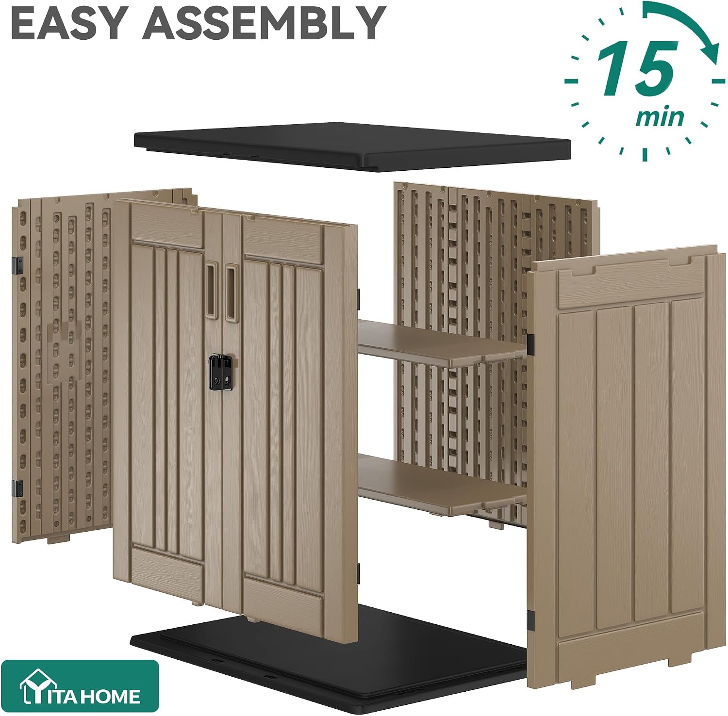 YITAHOME Outdoor Storage Cabinet with 2 Shelves, Waterproof Resin Horizontal Tool Shed, Lockable 15 cu. ft. Storage Shed for Patio, Garden, Yard, Brown