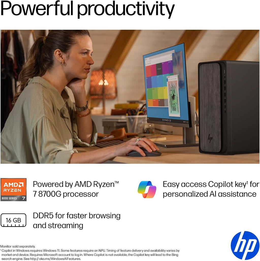 HP OmniDesk Desktop PC, AMD Ryzen 7 8700G, 16 GB RAM, 512 GB SSD, AMD Radeon 780M Graphics, Windows 11 Home, Microsoft Copilot, Gray Wood, M02-0340 (2025)