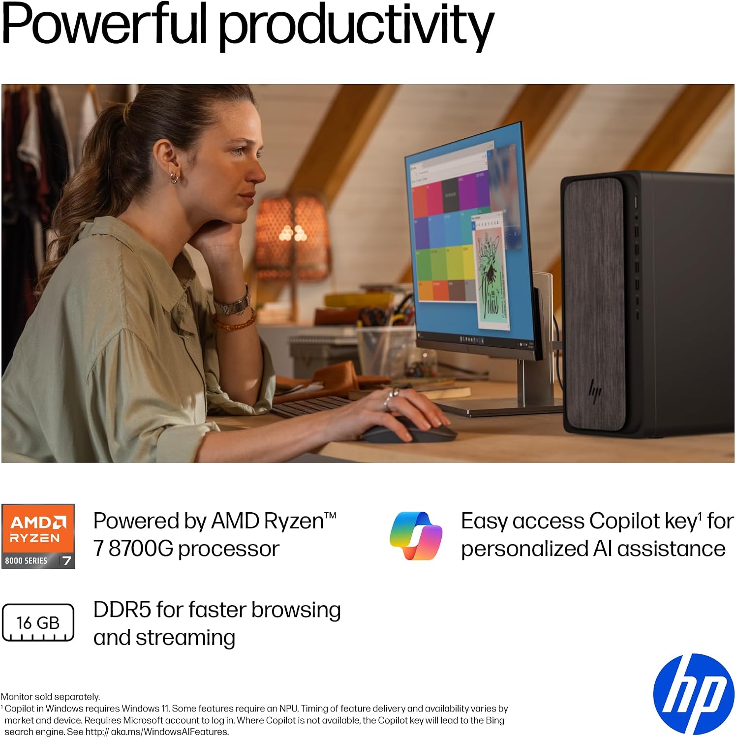 HP OmniDesk Desktop PC, AMD Ryzen 7 8700G, 16 GB RAM, 512 GB SSD, AMD Radeon 780M Graphics, Windows 11 Home, Microsoft Copilot, Gray Wood, M02-0340 (2025)