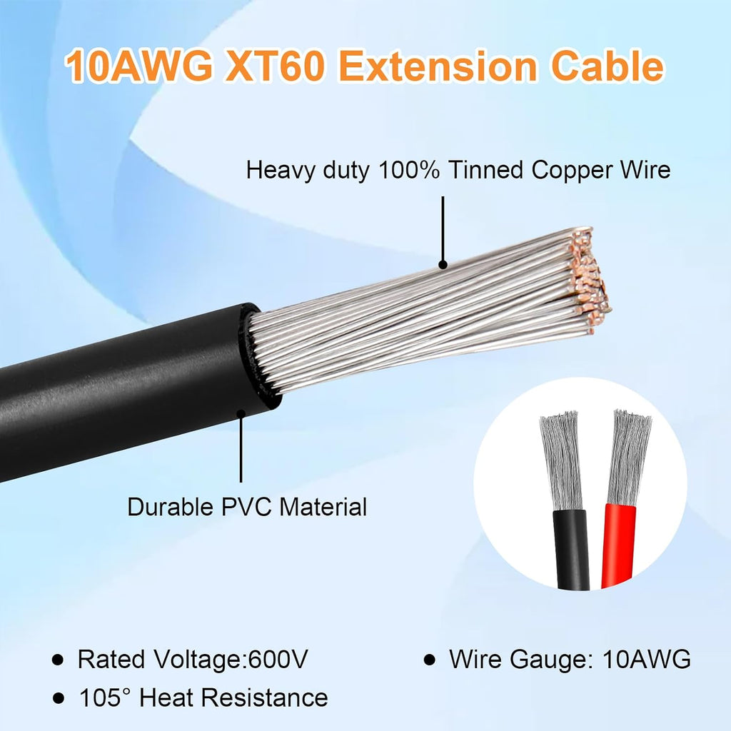 10AWG 75FT XT60 Solar Extension Cable 2 3 6 10 15 20 25 35 40 50 75 100FT XT60 Solar Extension Connector Adapter Thicker Cable Female to Male for Portable Power Station Solar Panel RC LiFePO4 Battery