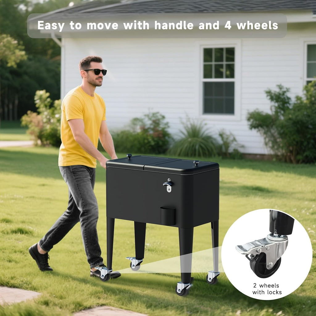 Ice Chest with Wheels, 60 Quart Portable Rolling Cooler with Bottle Opener & Cap Collector & Bottom Storage Tray for Patio Party & BBQ & Beach Activities