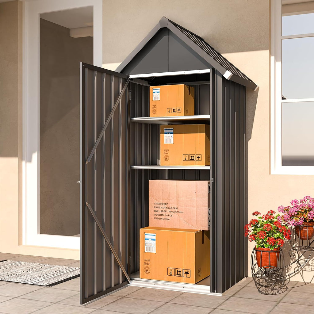 AECOJOY Outdoor Storage Cabinet Waterproof, Vertical Tall Outdoor Storage Cabinet with Shelves, All Weather Metal Vertical Storage Shed & Outdoor Cabient for Garden in Dark Grey