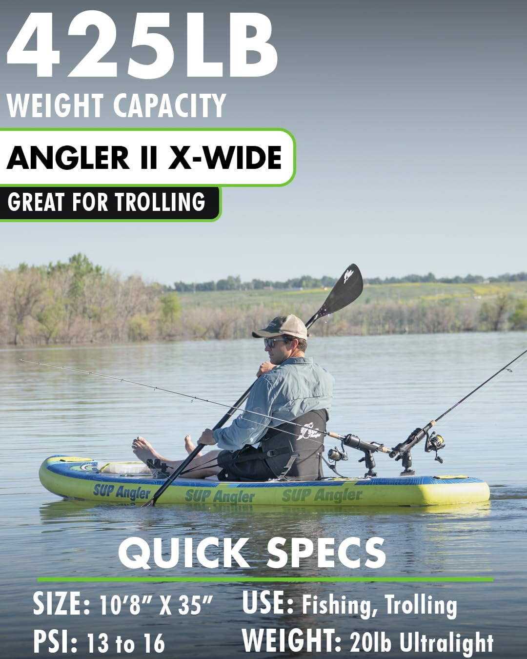 SUP Angler X-Wide Inflatable Fishing Paddle Board with Seat, Choose Accessories Package, Adjustable Fishing Rod Holders, Accessory Ports, Dual Paddle, Quad Bungees, 10'8' X 35'