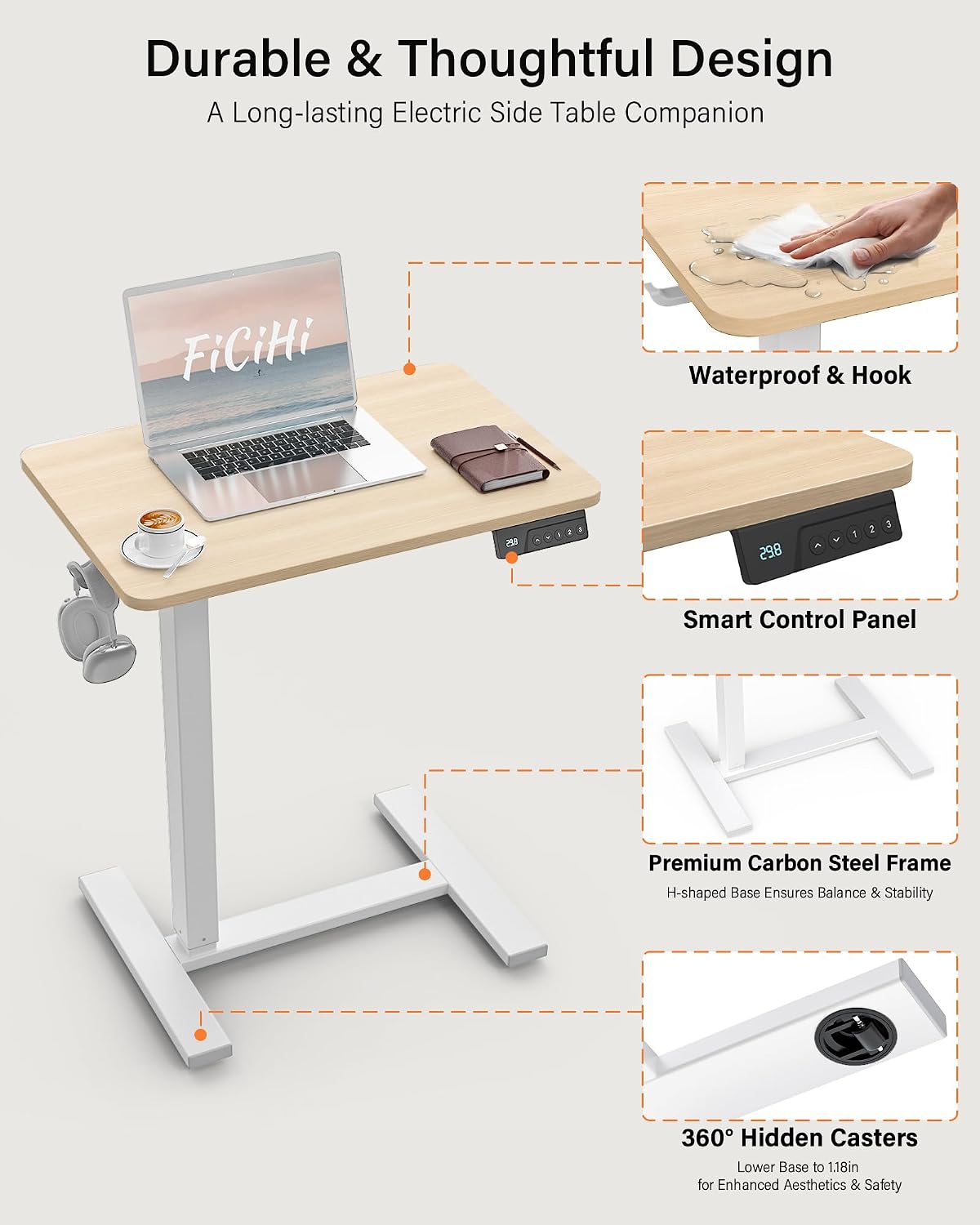 FiCiHi Electric Standing Desk with Wheels – Adjustable Height Mobile Sit-Stand Laptop Table, Portable Rolling Small Computer Workstation for Home Office & Bedside Use (24'x16', Maple)