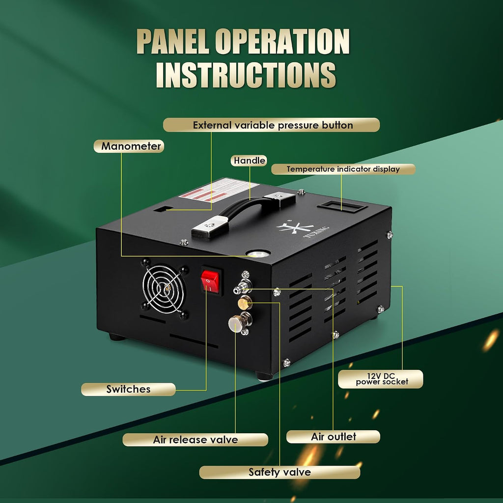 TUXING 4500Psi Pcp Air Compressor | 30Mpa 300Bar High Pressure Air Pump | Oil/Water-Free | Powered by Car 12V DC or Home 110V AC with Converter | Pump for PCP Air Rifle,Paintball Airguns