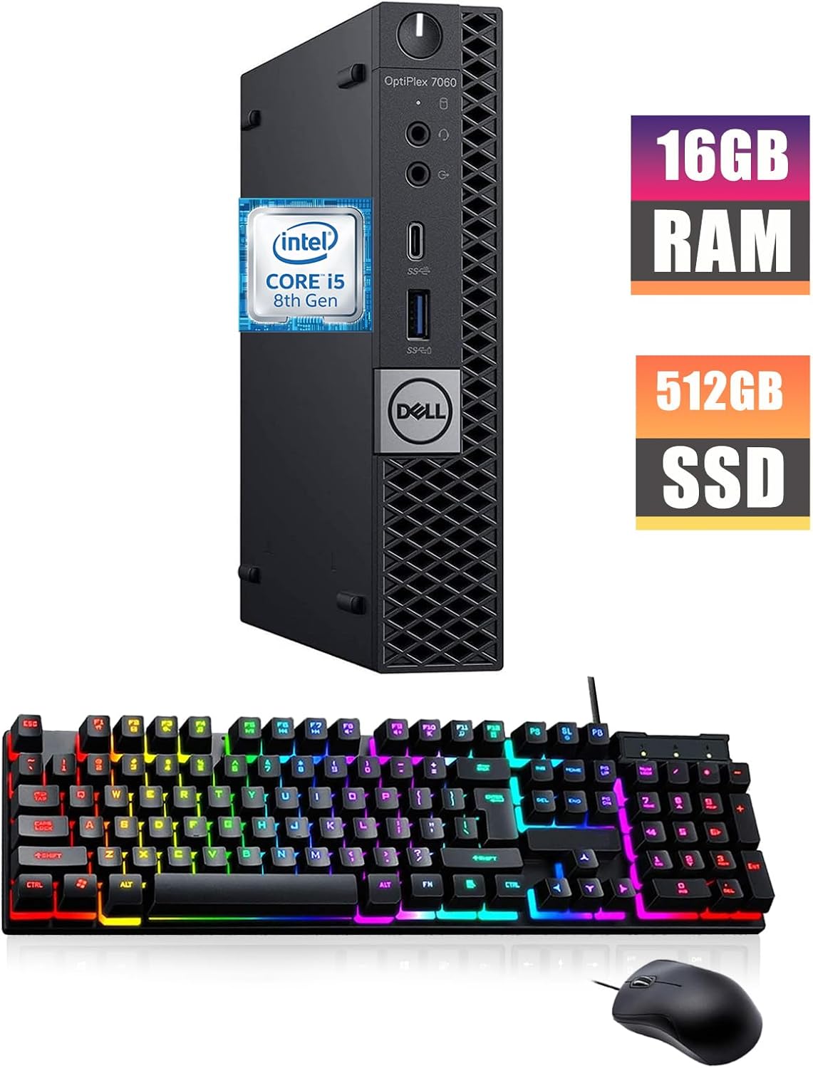 Dell OptiPlex 7060 Mini Desktop Computer with 24' FHD Monitor, RGB Speakers, Core i5-8500 3.0GHz-4.1GHz, 16GB RAM, 512GB SSD, DP Cable, RGB Keyboard, Mouse, Windows 11Pro (Renewed)