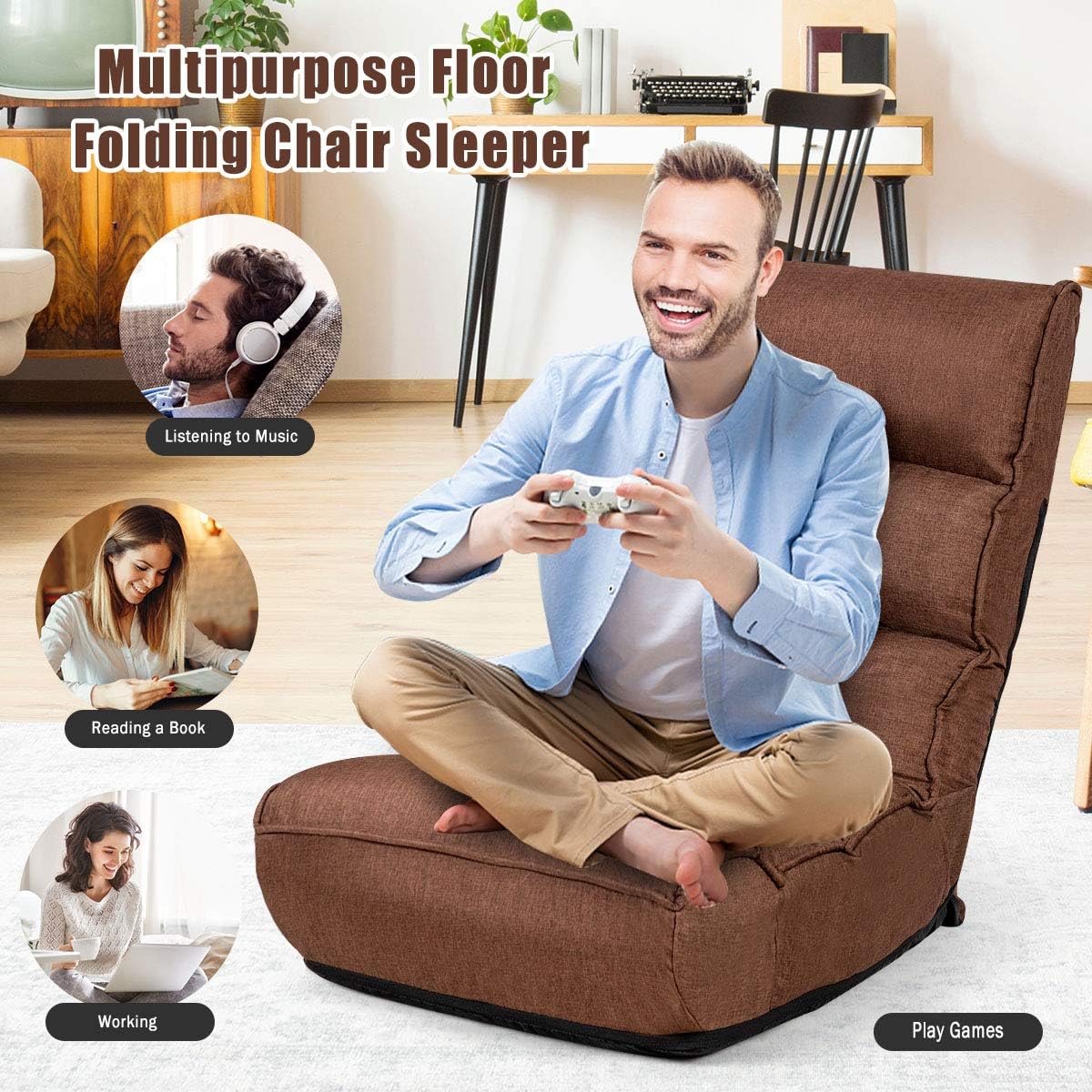 ARLIME 4-Position Adjustable Floor Chair, Armless Gaming Chair w/Back Support & Soft Cushion, Memory Foam Floor Lazy Sofa for Gaming, Reading, Meditating (Coffee)