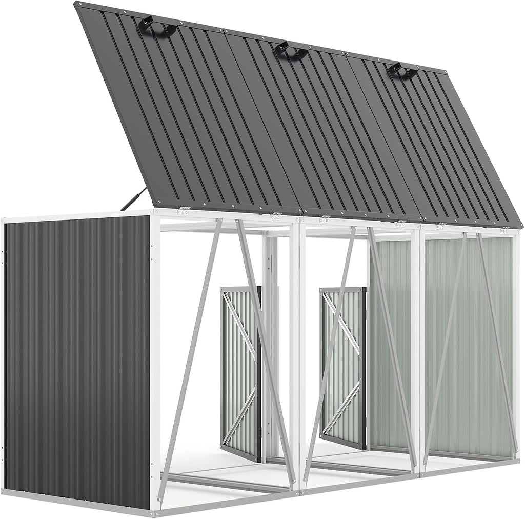 Outdoor Metal Garbage Bin Shed for 3 Trash Cans, Waterproof Galvanized Steel Double Trash Can Storage Shed with Hydraulic Lid, Lockable Door & Large Capacity for Garden Yard Patio, Dark Gray