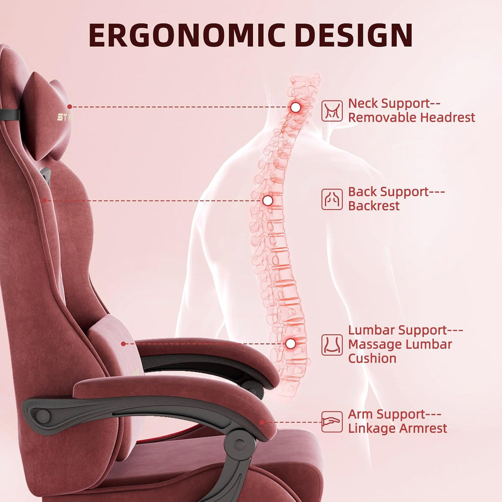 Huracan Velvet Fabric Gaming Chair with Footrest for Adults, Ergonomic Gaming Chairs with Massage Lumbar, Reclining Racing Computer Chair with Spring Cushion for Home Office Video Game, Red