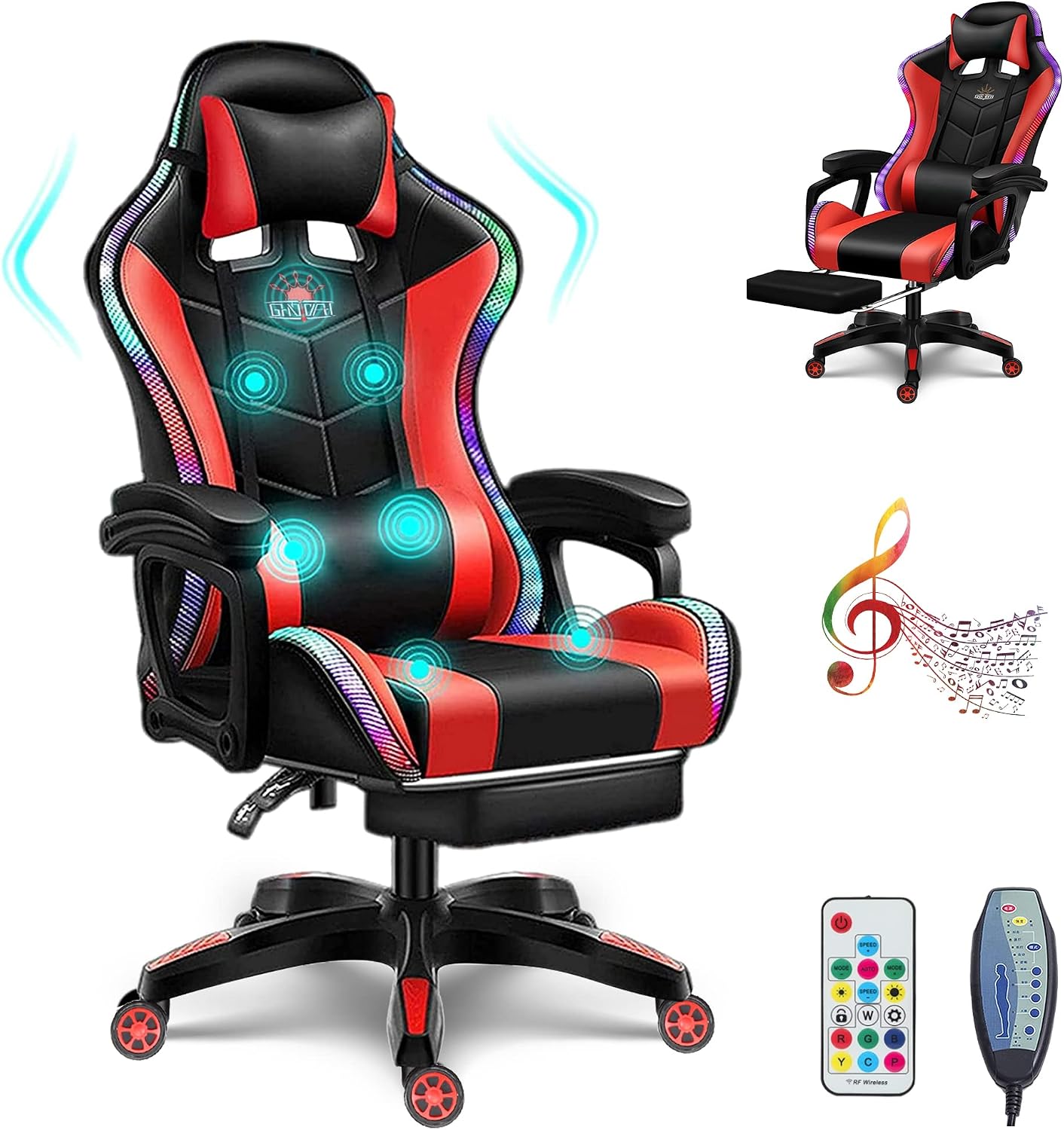 RGB Gaming Chair with Speakers Full Massage Video Game Chair with Footrest Ergonomic Office Chair PU Leather Recliner Swivel Computer Chair with Lumbar Support Headrest High Back Gamer Chair,Red