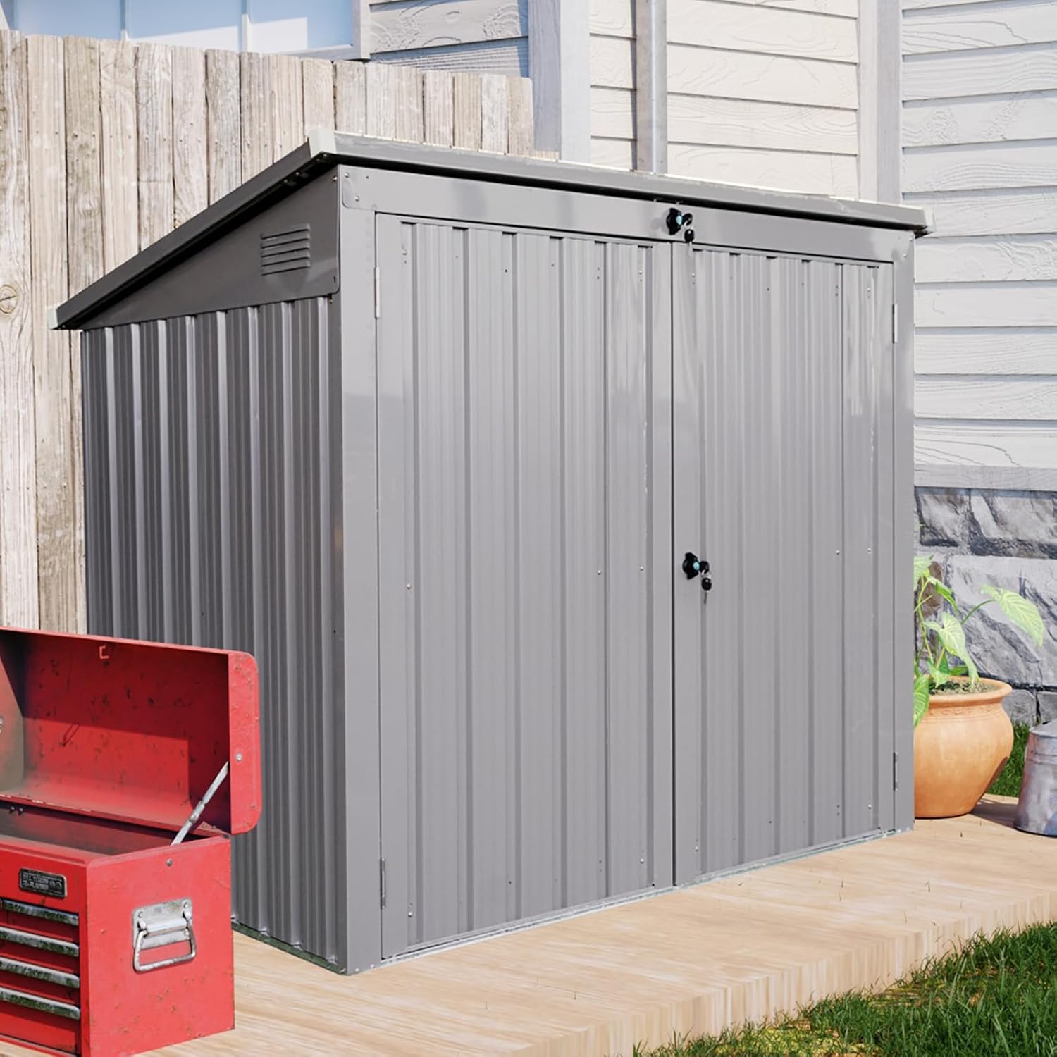 Garbage Bin Shed for 2 Trash Cans, Outdoor Metal Garbage Storage Shed with Lockable Door & Sloped Roof, Multi-Use Rust Prevention Galvanized Steel Enclosure for Yard, Garden, Patio (Gray)