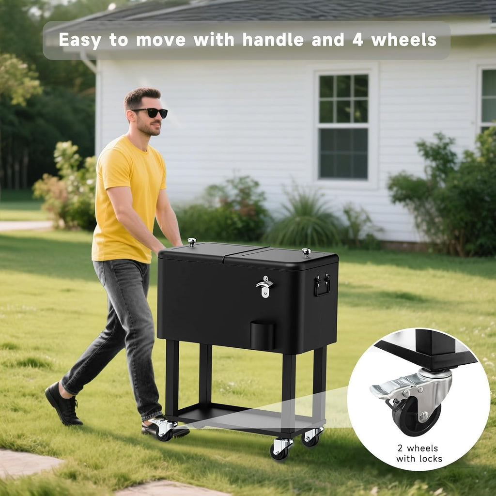 Ice Chest with Wheels, 60 Quart Portable Rolling Cooler with Bottle Opener & Cap Collector & Bottom Storage Tray for Patio Party & BBQ & Beach Activities