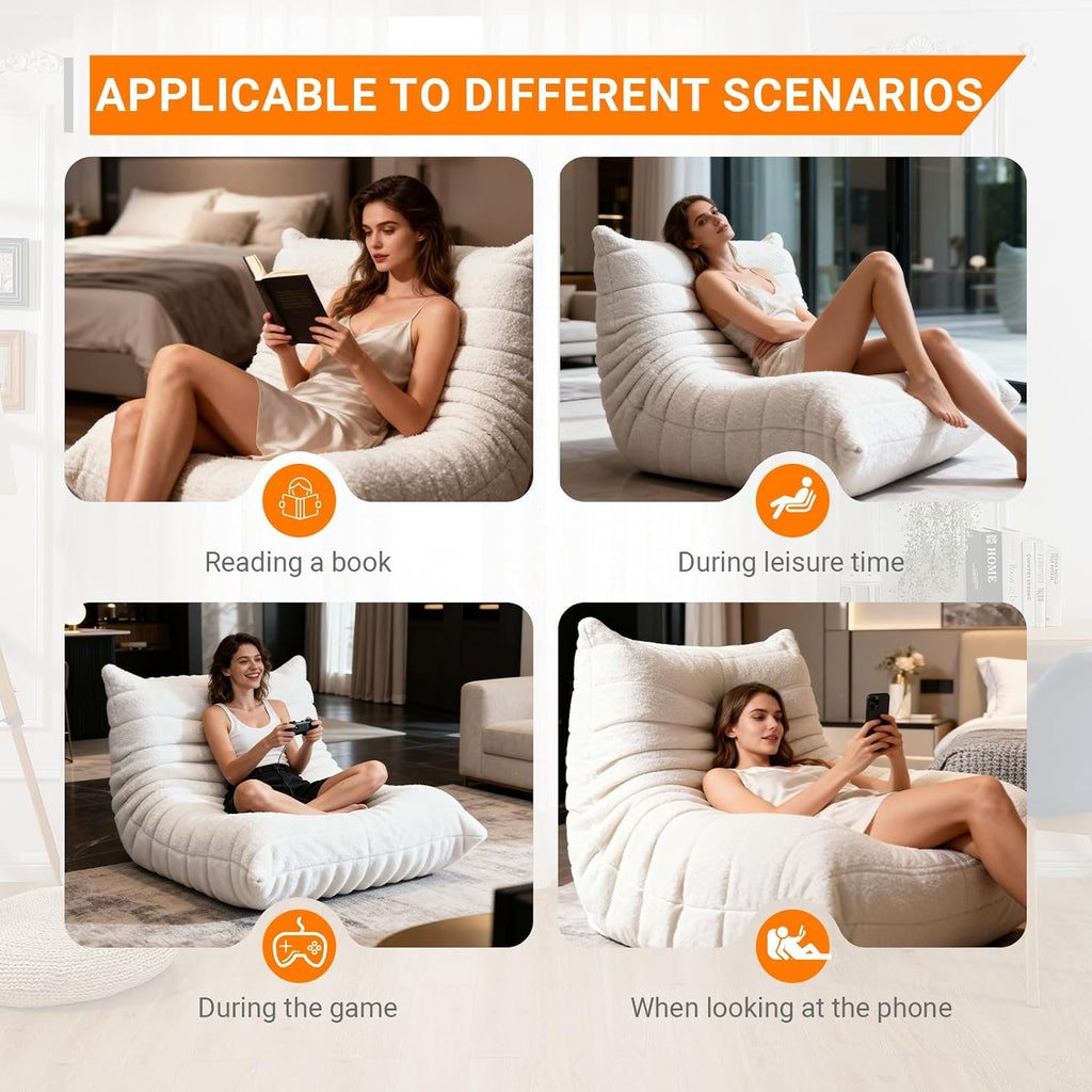 Giant Bean Bag Chair for Adults, Fireside Beanbag for Living Room with Memory Foam Filled, Lazy Floor Sofa Lounge Armless Chair for Gaming Reading Relaxing, No Assembly Required White