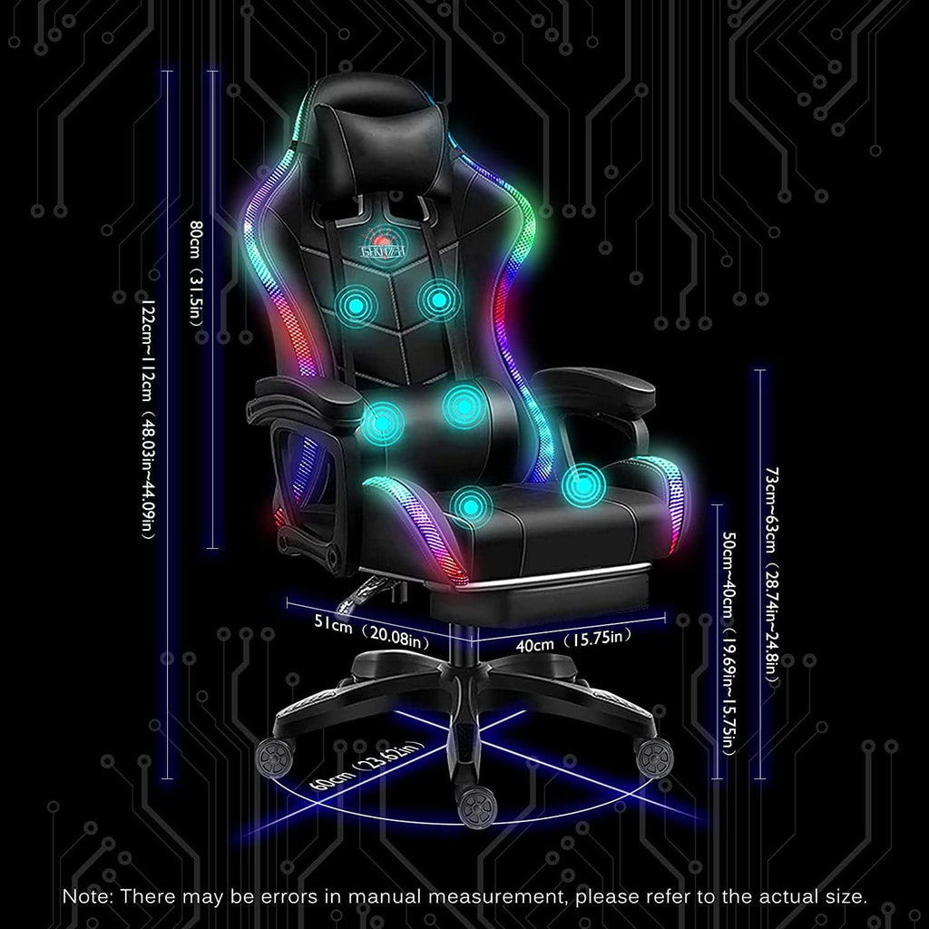 Video Game Chair for Adults Ergonomic Reclining Chair with Retractable Footrest Massage Gaming Chair with Speakers and LED Lights PU Leather High Back Computer Chair,White