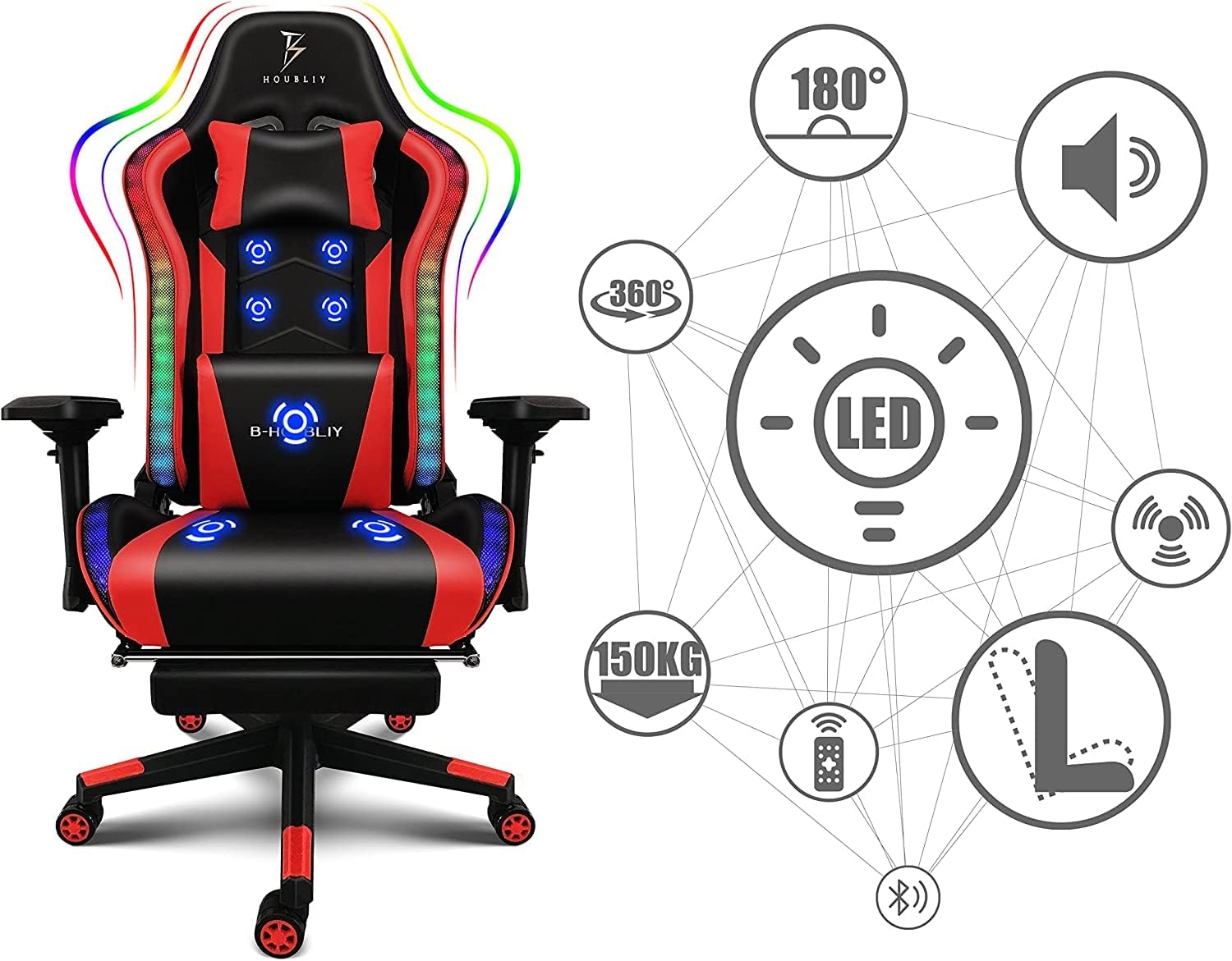 Ergonomic Gaming Chair with Speakers and LED Light - Full Massage Lumbar Support, High Back Office Chair - Recliner with Footrest and Lumbar Support, Adults Teens Computer Chair.,White