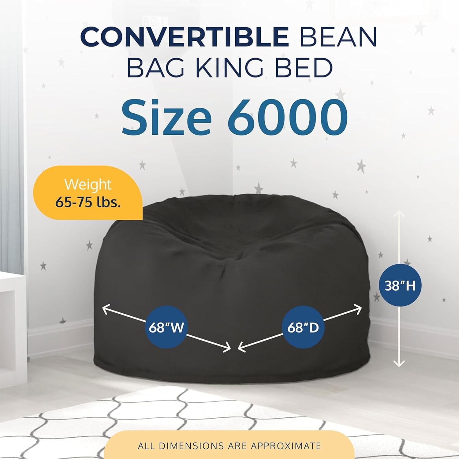ULTIMATE SACK 6000 6-Foot Bean Bag Chair, Charcoal Fur Cover – Oversized Foam Lounger, Floor Seat, Small Sofa, or Couch Bed for Living Area, Gaming Room, or Reading Lounge