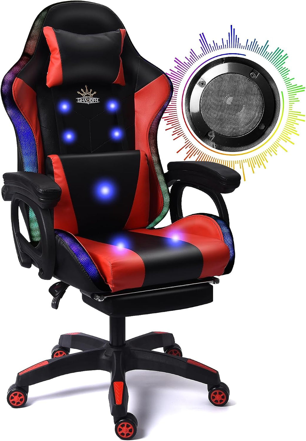 Enhance Your Gaming Experience with Our Ergonomic Reclining Gaming Chair with RGB LED Lights, Massage and Dual Speakers - Perfect for Adults, Teens and Kids! (Black + Red)