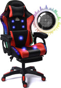 Enhance Your Gaming Experience with Our Ergonomic Reclining Gaming Chair with RGB LED Lights, Massage and Dual Speakers - Perfect for Adults, Teens and Kids! (Black + Red)