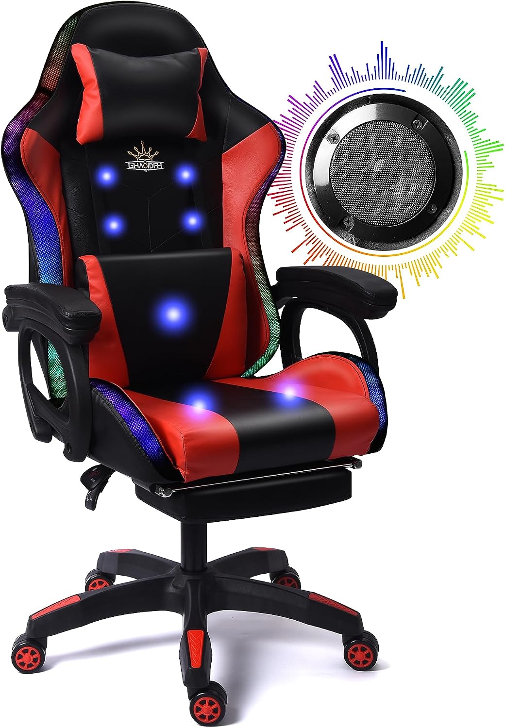 Enhance Your Gaming Experience with Our Ergonomic Reclining Gaming Chair with RGB LED Lights, Massage and Dual Speakers - Perfect for Adults, Teens and Kids! (Black + Red)