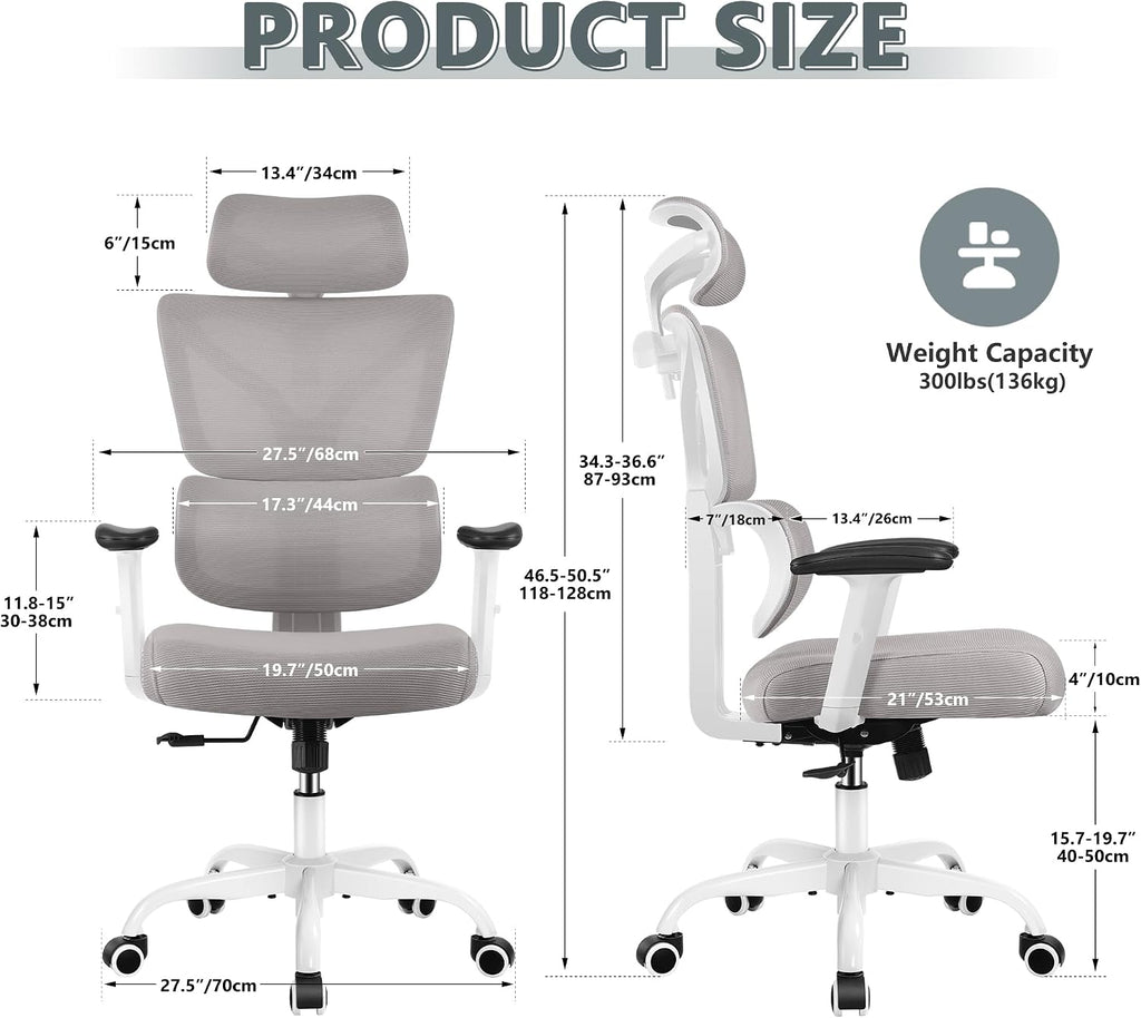 Winrise Office Chair Ergonomic Desk Chair, High Back Gaming Chair, Big and Tall Reclining Chair Comfy Home Office Desk Chair Lumbar Support Breathable Mesh Computer Chair Adjustable Armrests (Gray)
