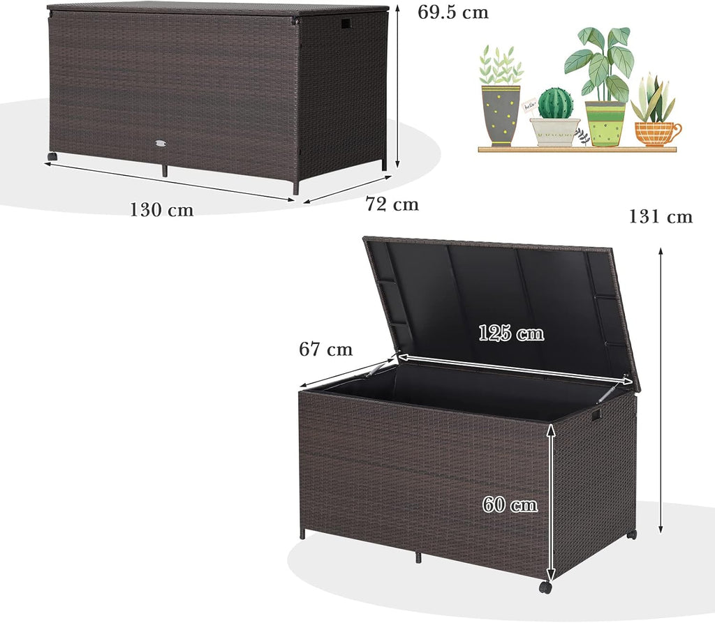 Giantex Wicker Outdoor Deck Box - 133 Gallon Storage Box with Lid, Waterproof Liner and Universal Wheels, PE Rattan Storage Container for Cushions, Gardening Tools, Patio Storage, Brown