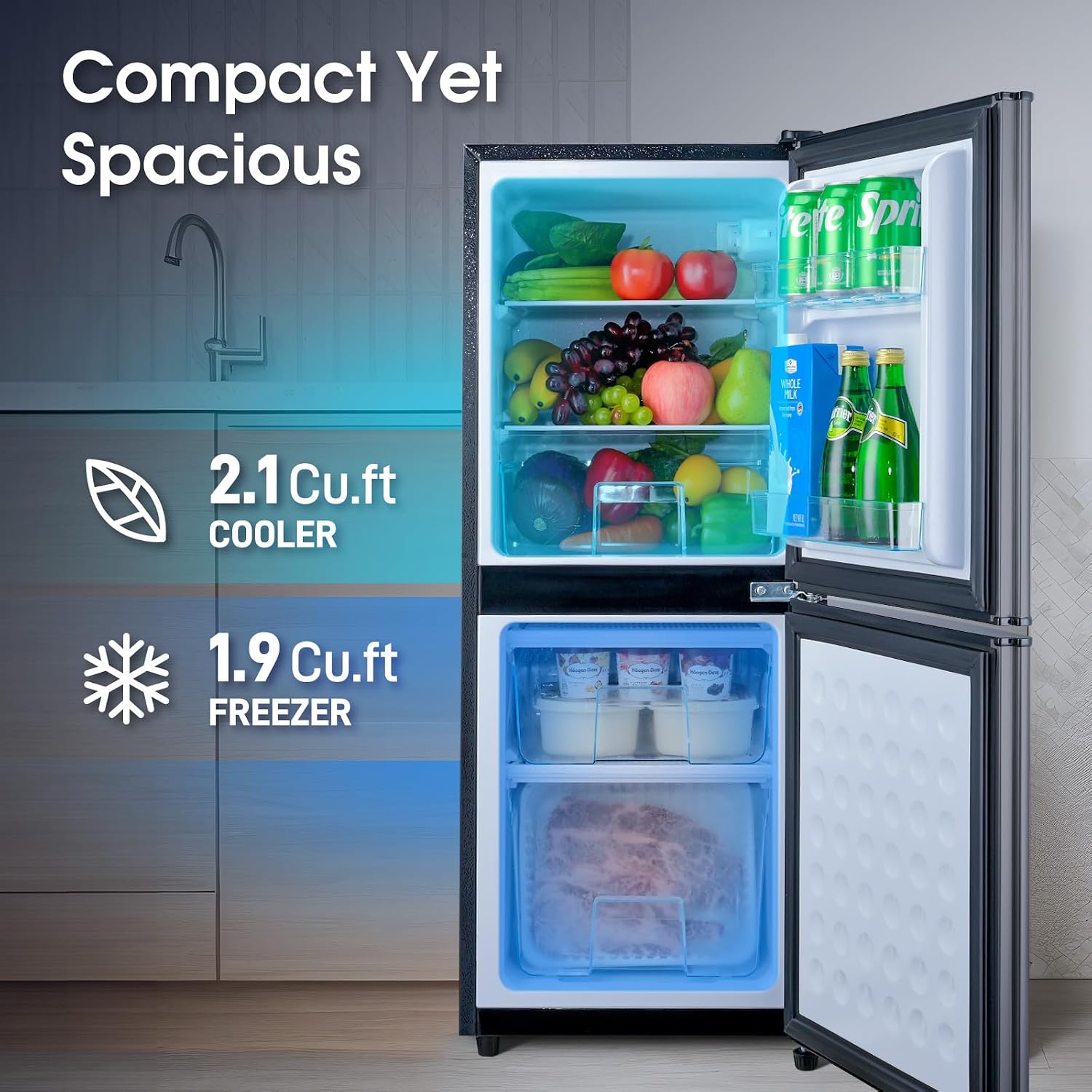 Anypro Double Door Fridge with Bottom Freezer, 4.0 Cu.Ft Refrigerator with Drawer, 7 Adjustable Temperature Settings for Bedroom, Dorm, Office, Apartment, Large Capacity, Black